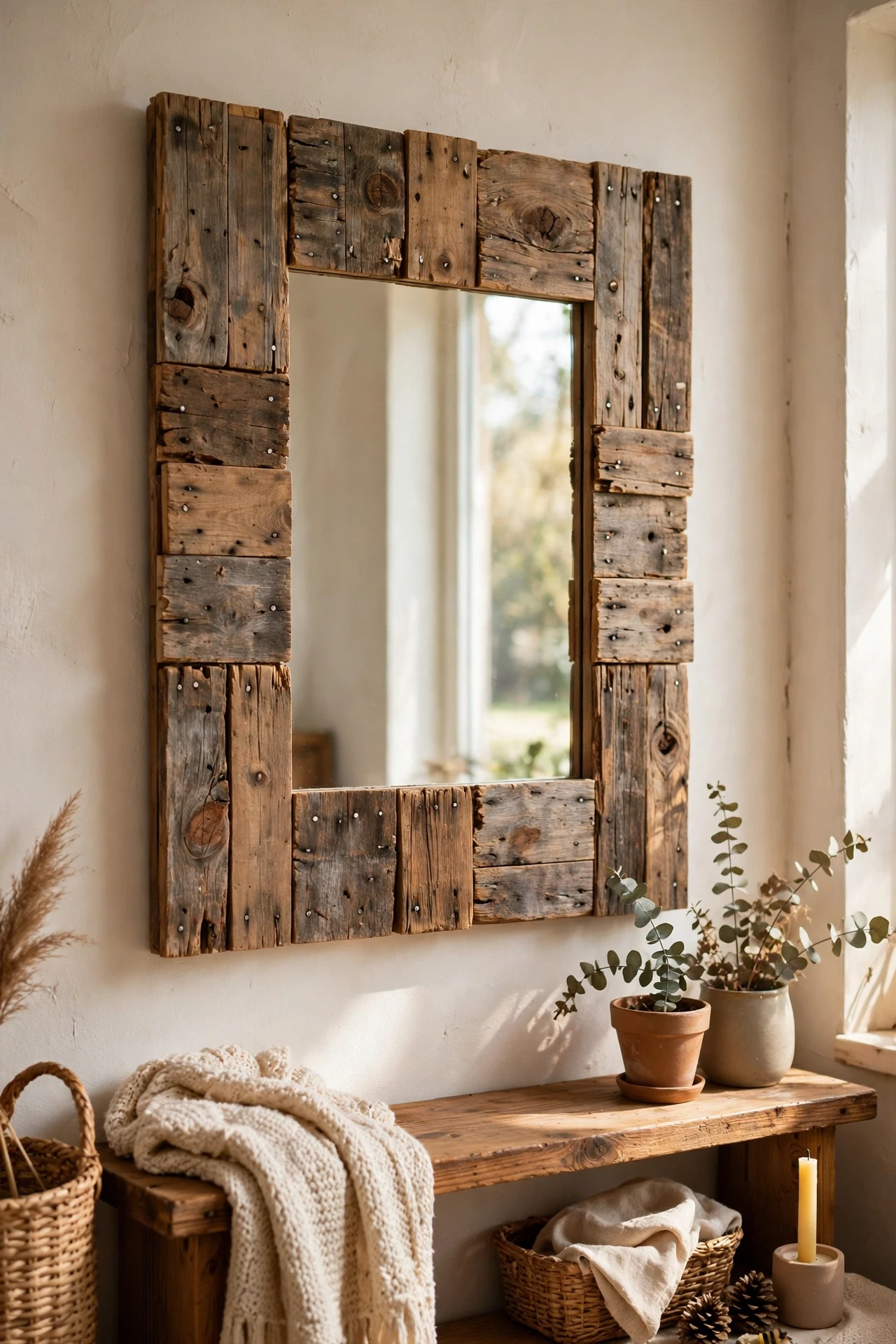 A frame made from reclaimed boards turns a plain mirror into the centrepiece, and every knot and nail mark adds character.