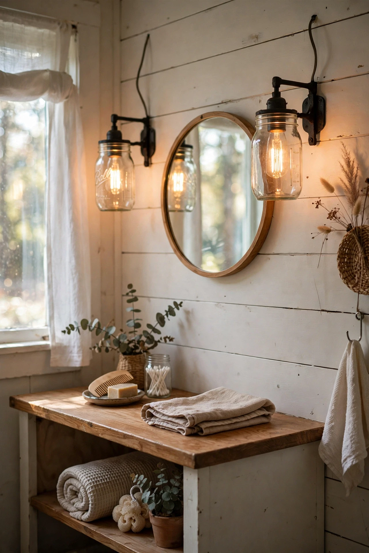 Mason jar sconces give soft, warm light that flatters everyone, and they cost a fraction of a new bathroom light fixture.