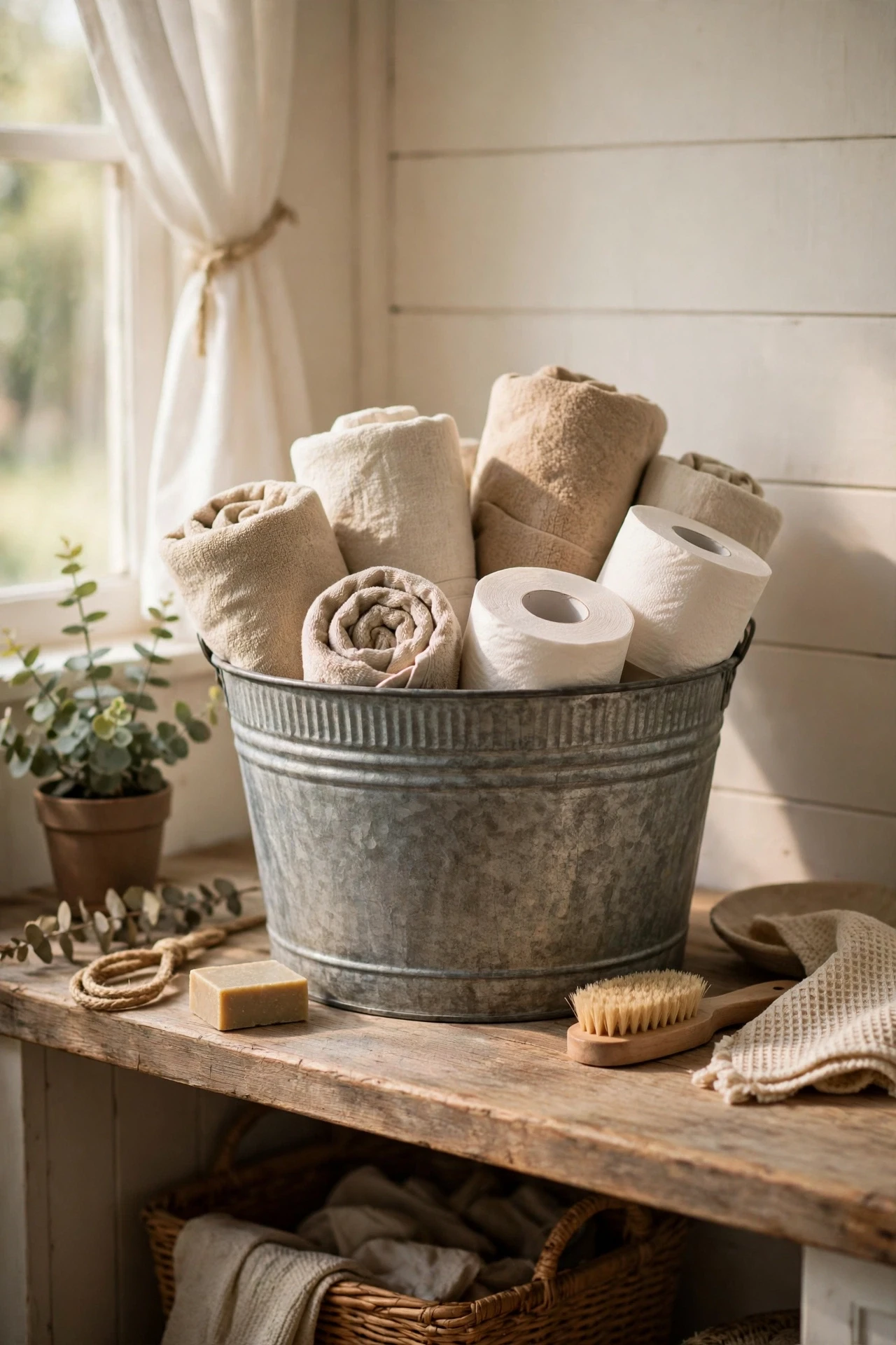 A galvanized bucket holding rolled towels or toilet paper adds farmhouse charm and keeps clutter corralled in one spot.