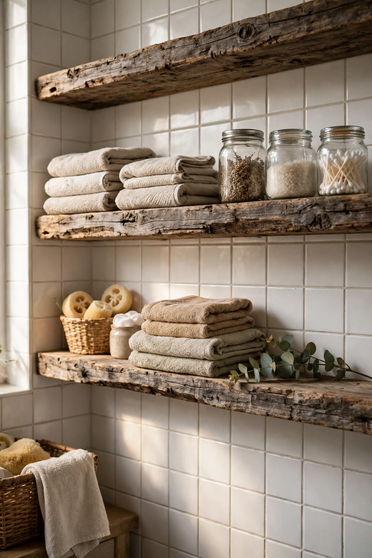 Open shelves from barn wood display towels and jars beautifully, and their rough texture warms up cold white tile.