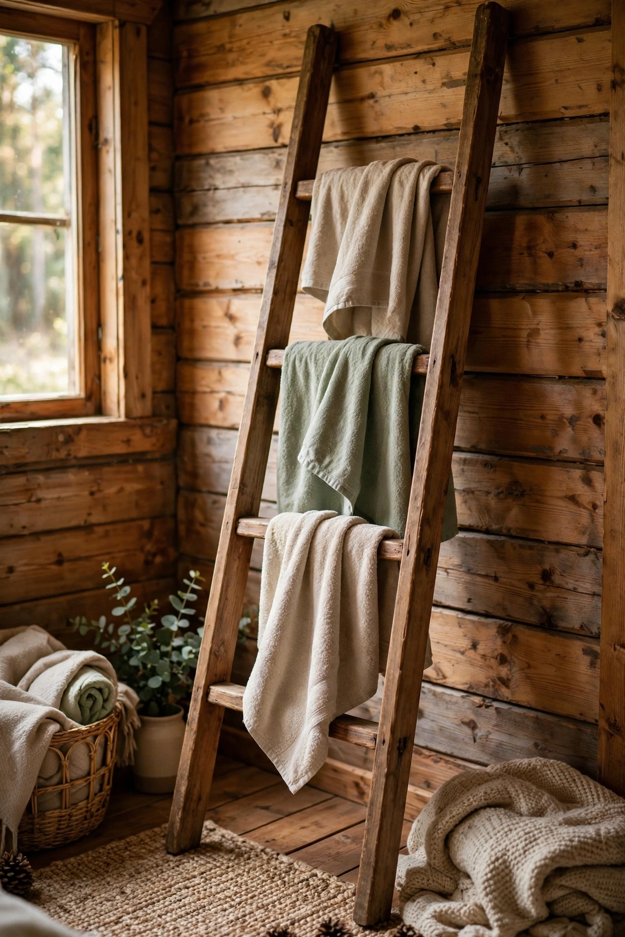 A wooden ladder leaning against the wall holds several towels without any drilling, and it looks like it belongs in a cabin.