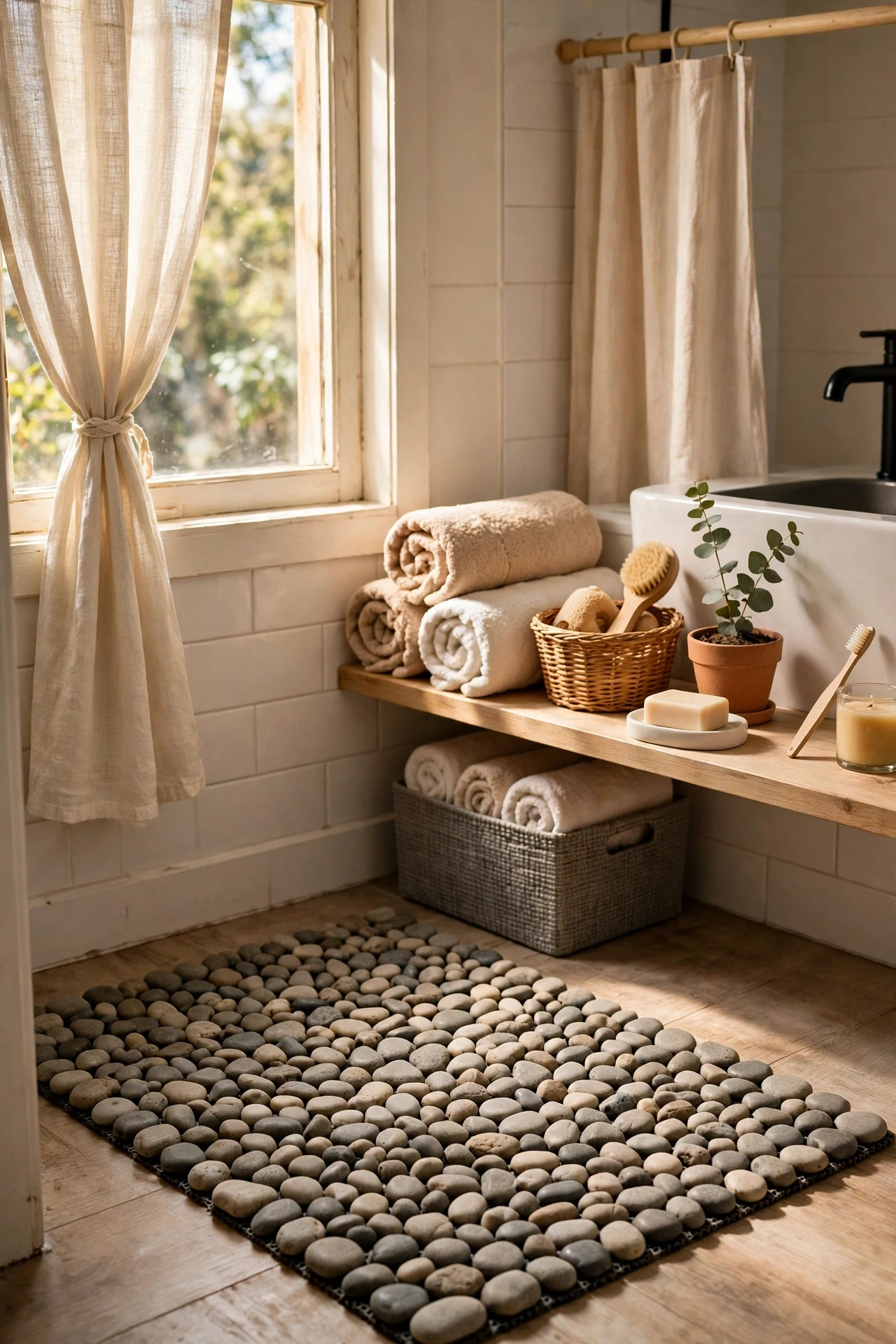 A pebble mat made from smooth stones glued to a base feels wonderful underfoot and brings a riverbed into the bathroom.