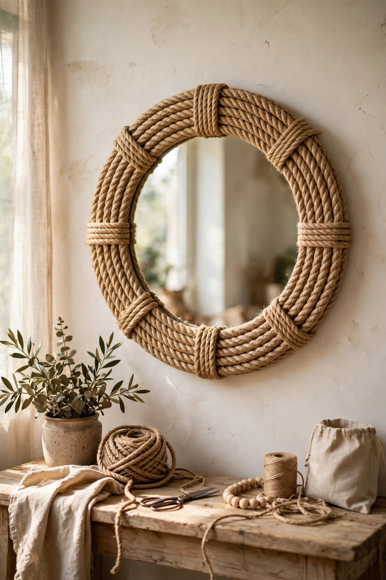 Wrapping a plain round mirror in thick rope gives it a nautical, rustic edge for the price of one coil from the hardware shop.