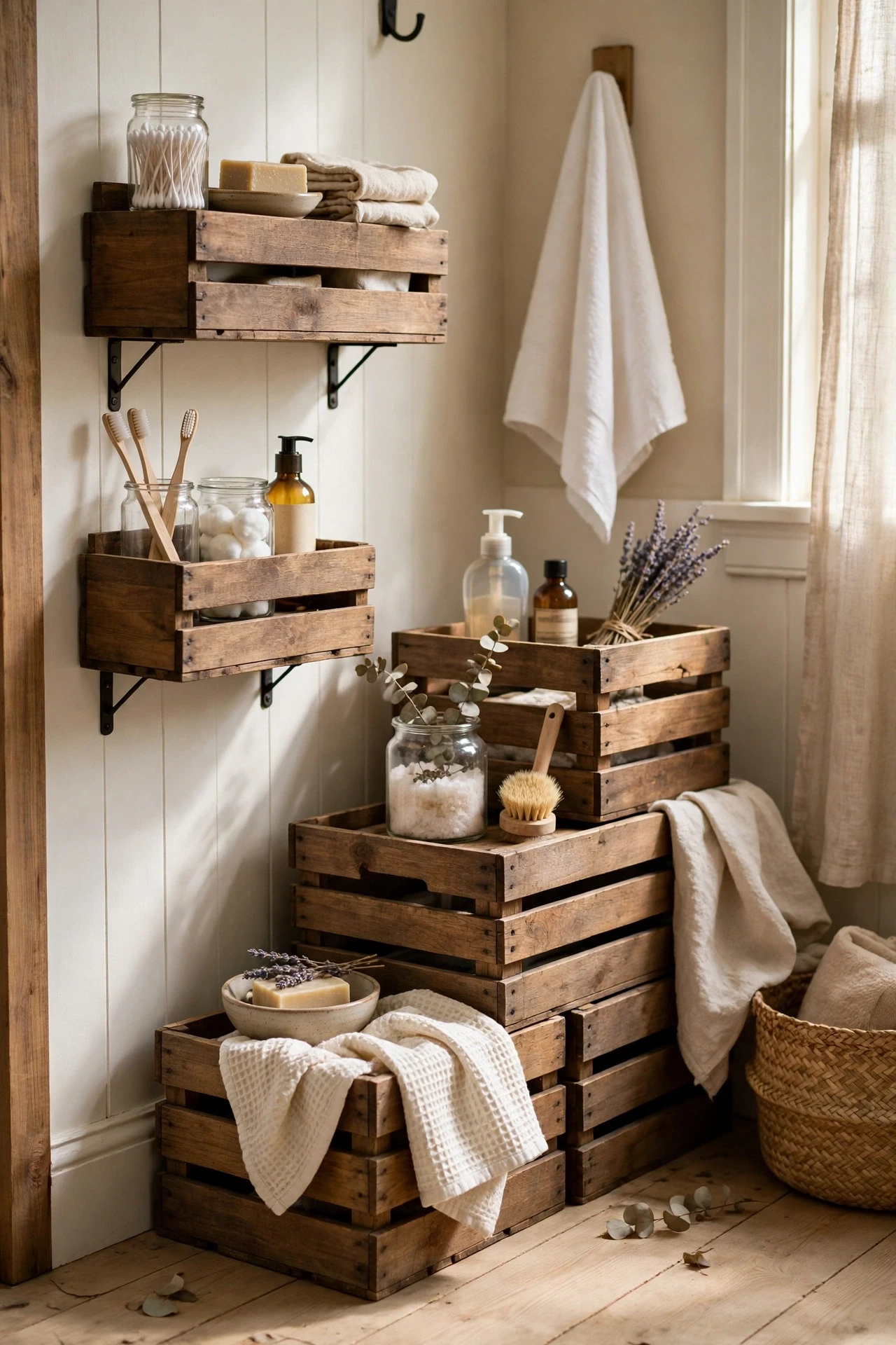 Wooden crates stacked or wall-mounted hold toiletries with farmhouse charm, and they are easy to move when cleaning.