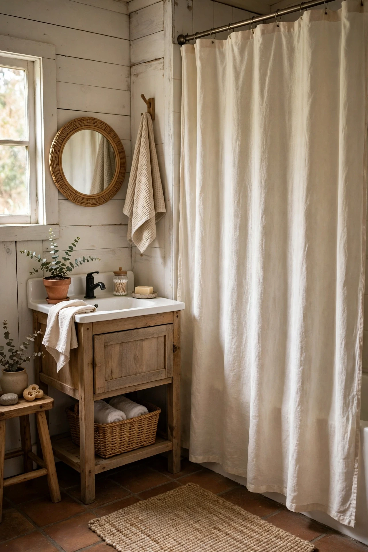 A simple linen shower curtain in natural cream softens a rustic bathroom far better than shiny plastic ever could.