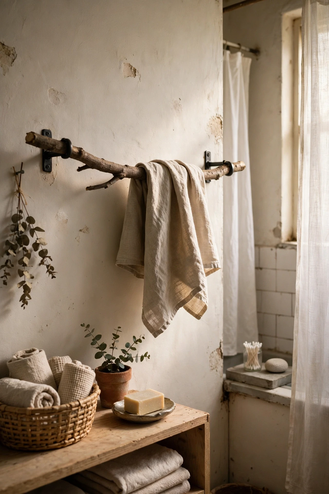 A sturdy branch mounted as a towel bar is free if you find the right piece, and it is the most rustic detail in this list.
