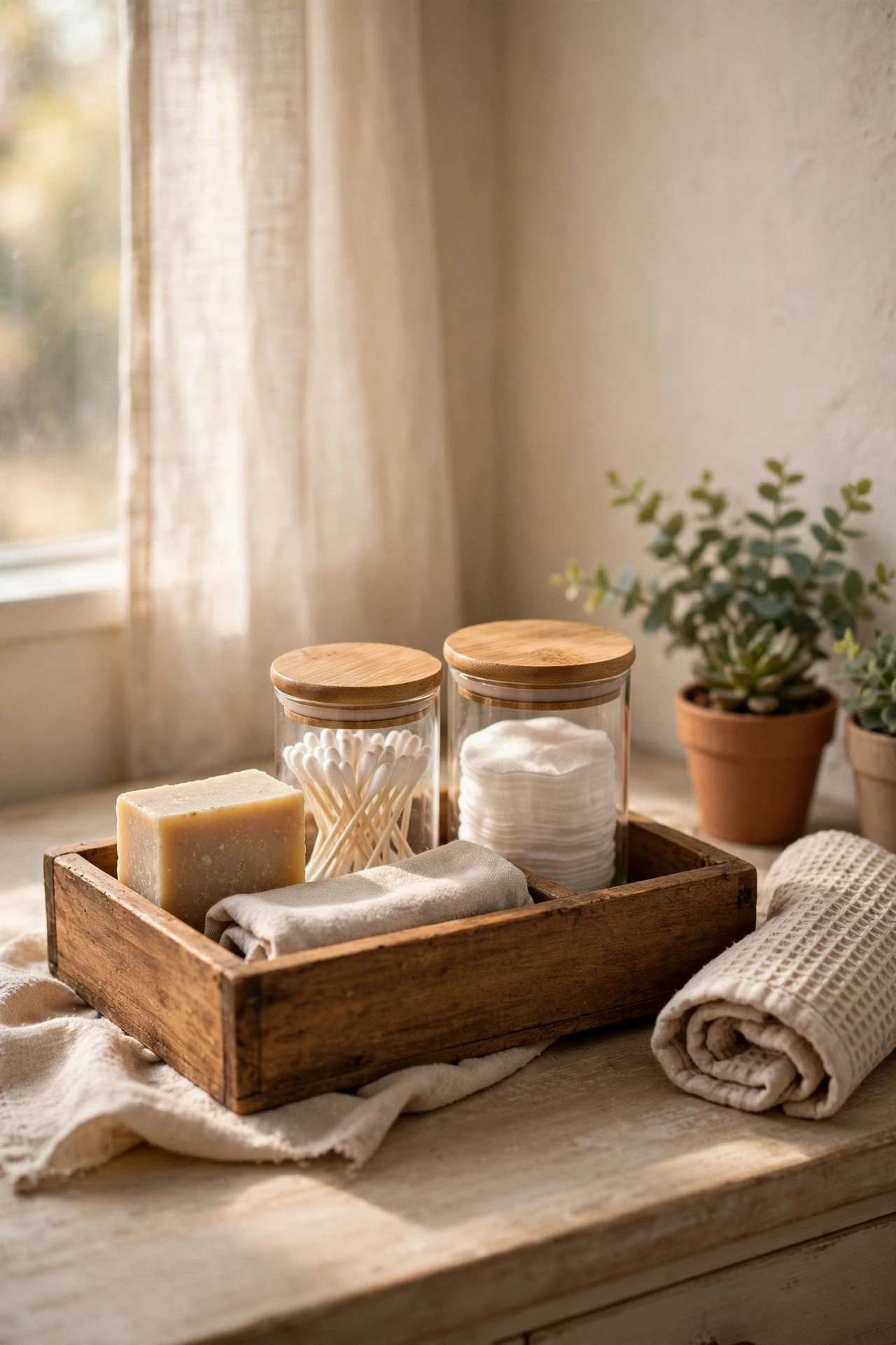 A small wooden tray on the vanity corrals soap and jars into one handsome spot instead of a scattered mess.