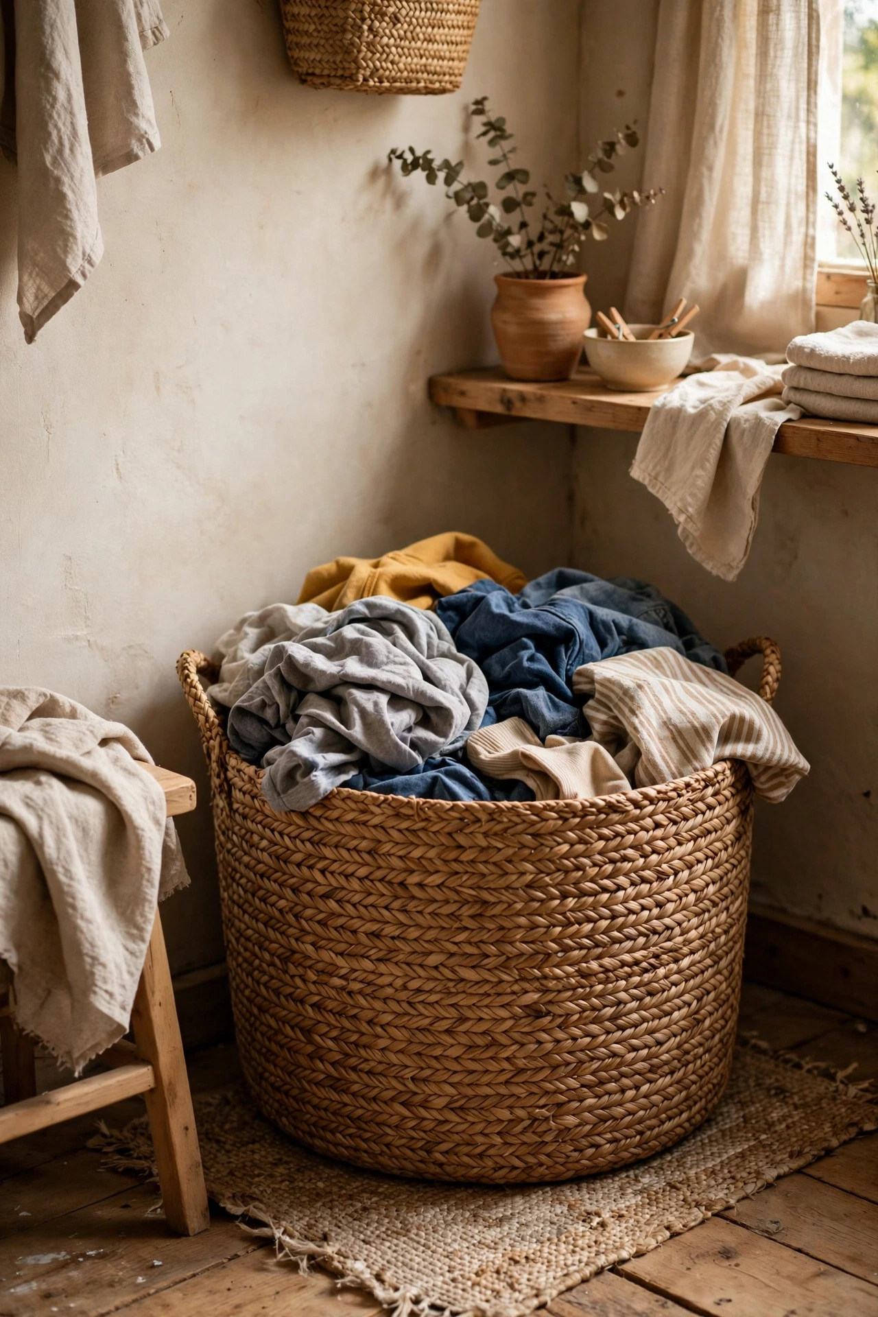 A woven basket hamper hides dirty laundry beautifully and adds the natural texture that rustic rooms depend on.