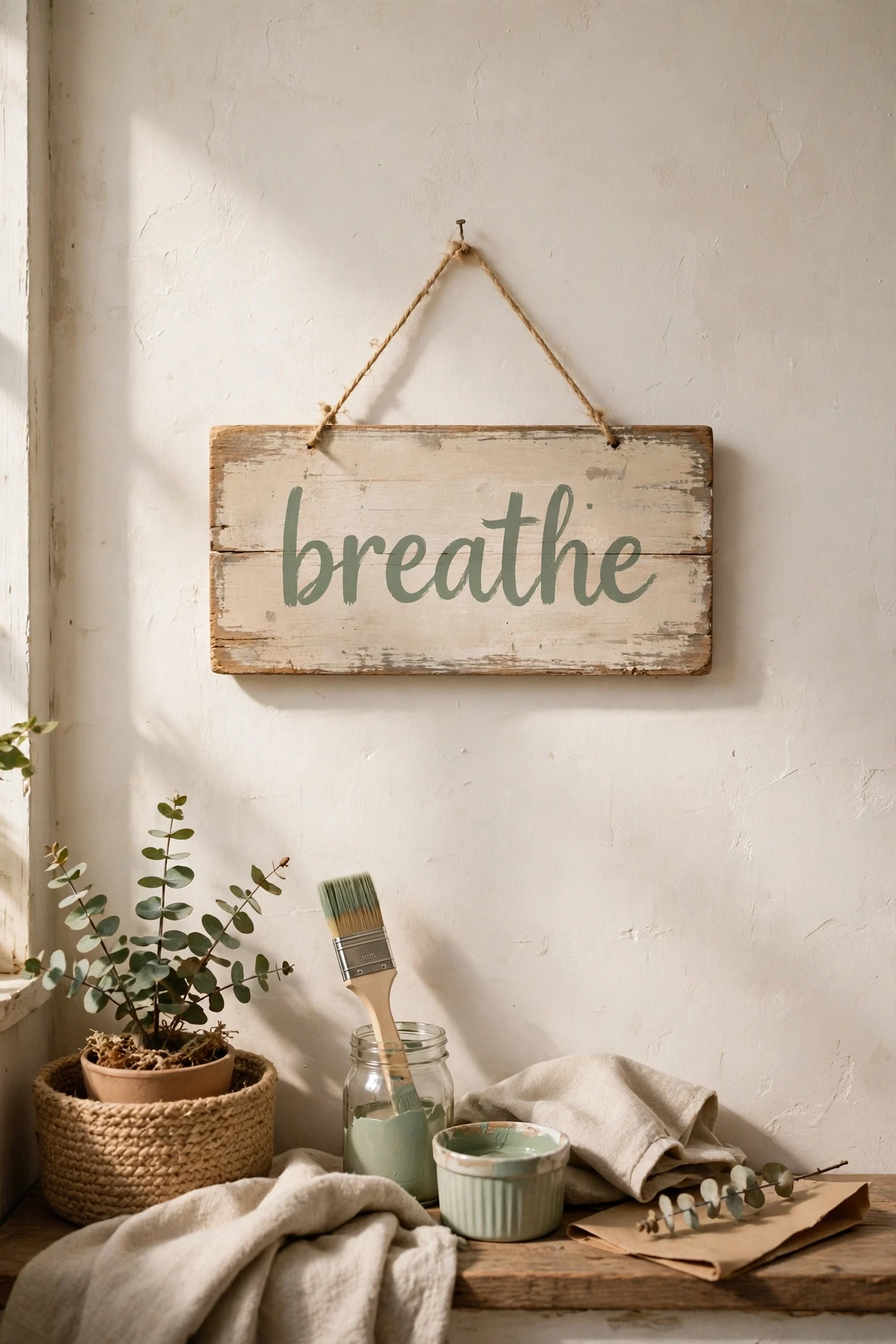 A distressed wooden sign with a simple phrase adds personality to a blank wall, and painting one yourself costs almost nothing.