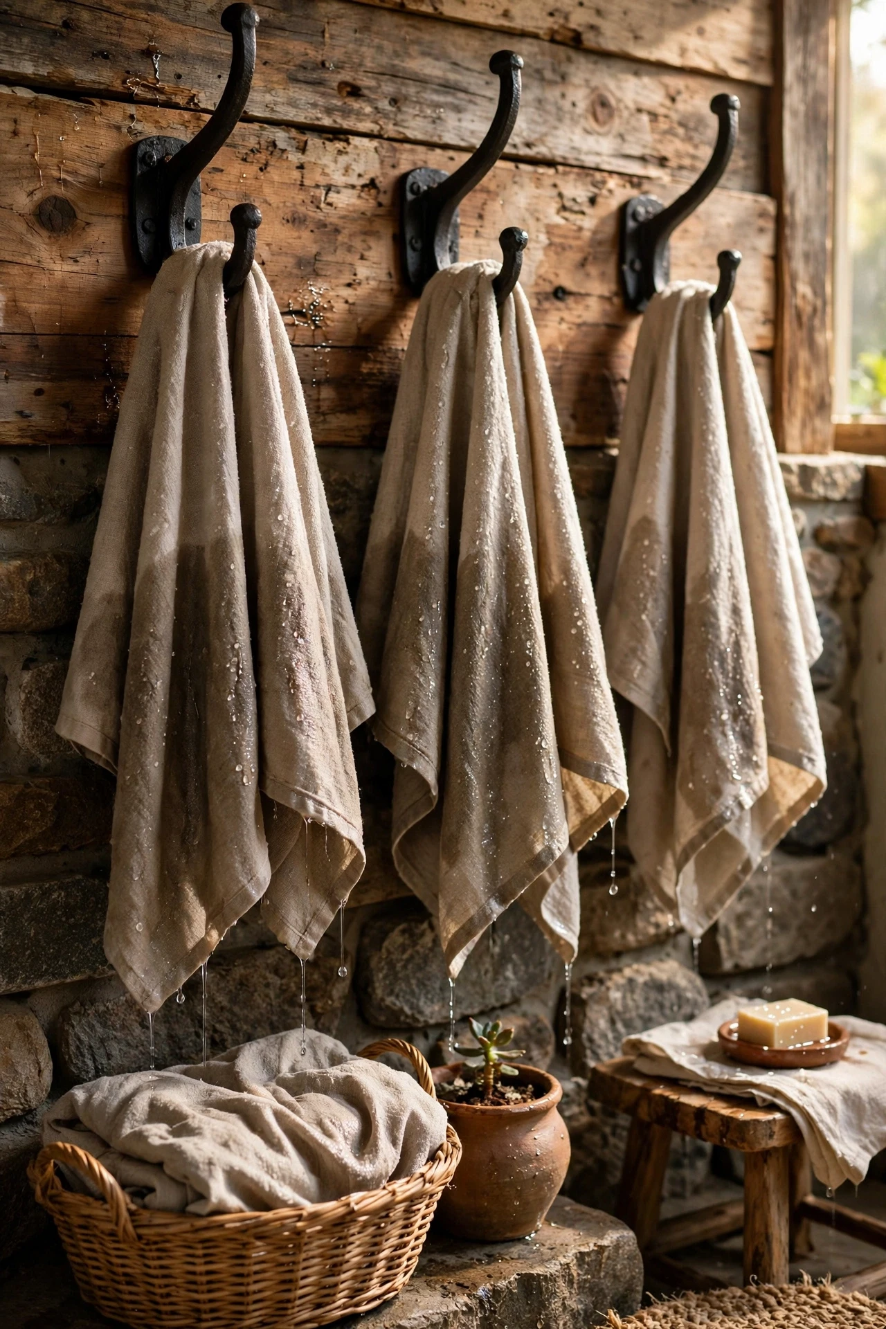 Cast iron hooks hold heavy wet towels without bending, and their dark, solid look suits rustic wood and stone perfectly.