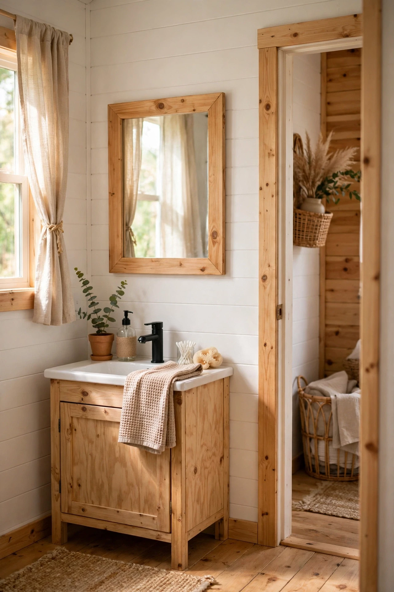 Adding simple wood trim around a mirror or doorway frames the bathroom in warmth, like the finishing touch on a cabin.