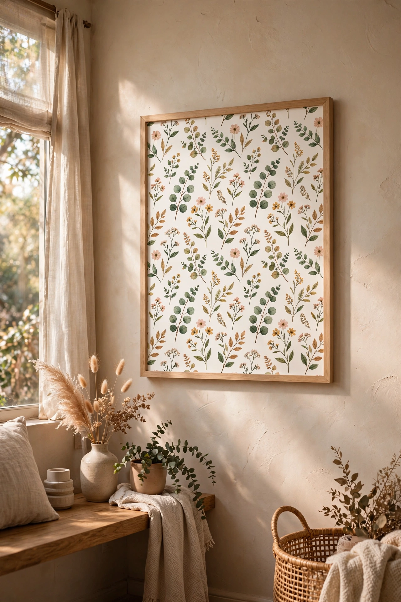 Wrapping paper framed as wall art in living room, wall decor ideas for pennies