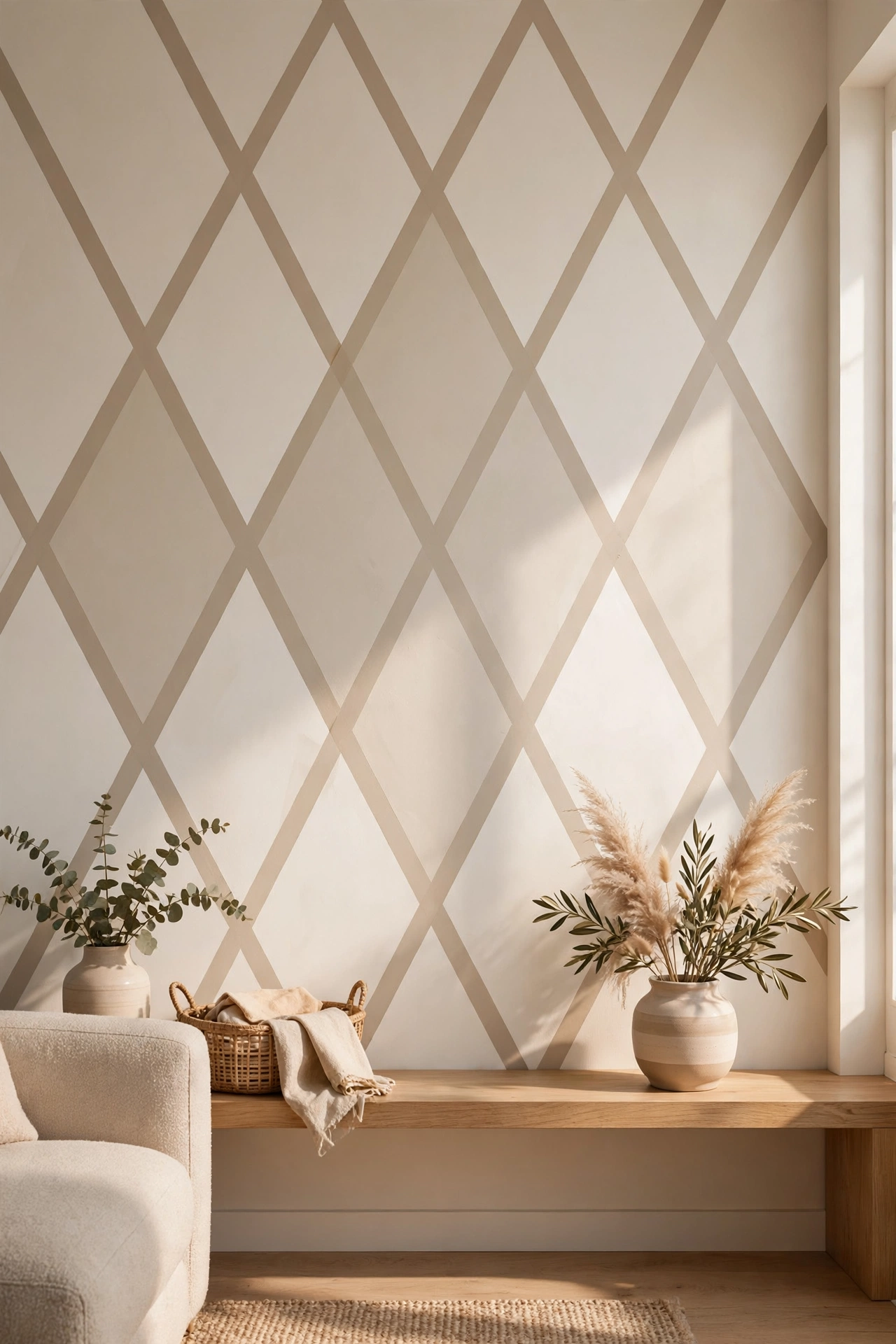 Painters tape geometric diamond pattern painted on wall, penny wall decor idea