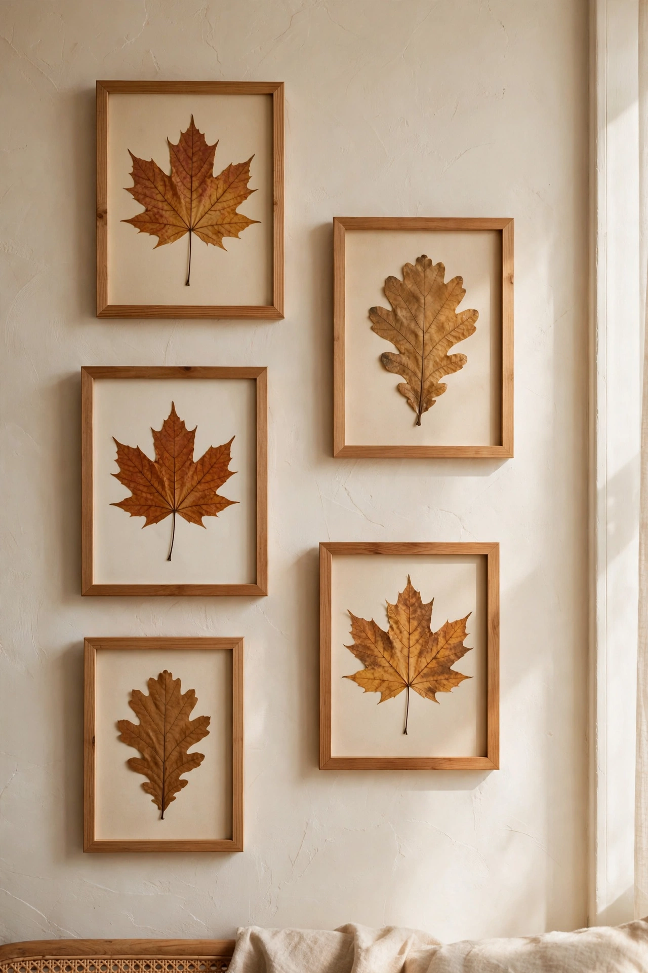 Pressed maple leaves framed as botanical art, free living room wall decor