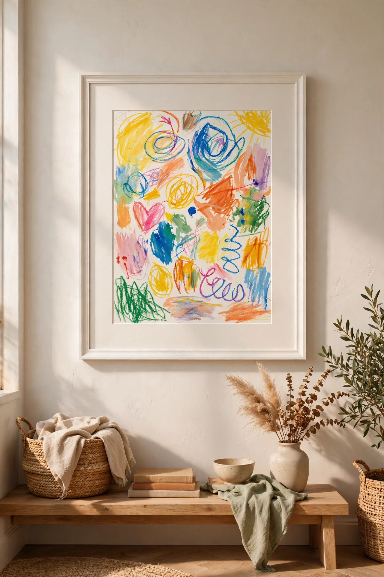 Childs colorful abstract painting in white frame with mat, budget living room wall art