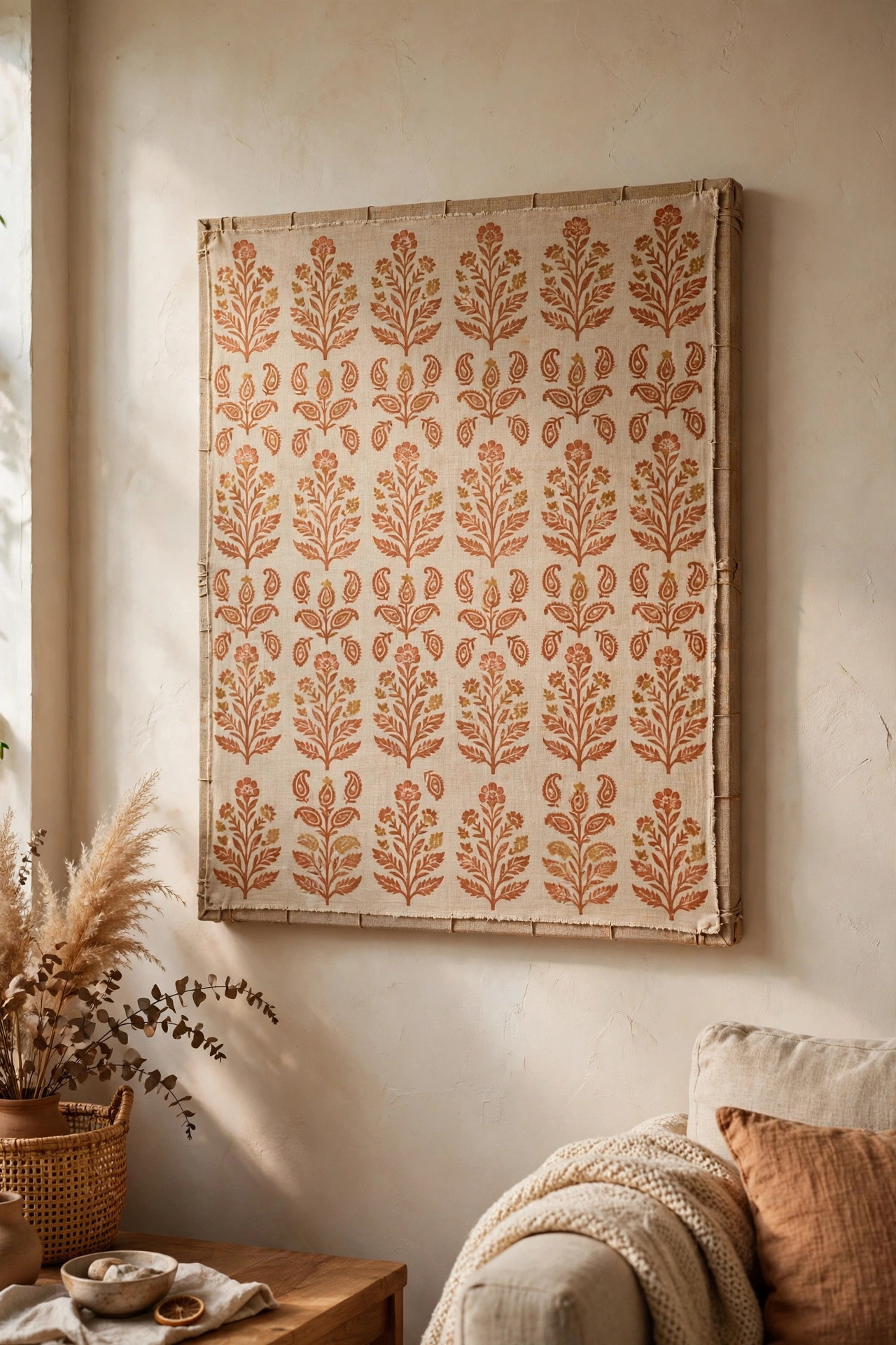 Block print fabric stretched over canvas as textile wall art, cheap living room decor