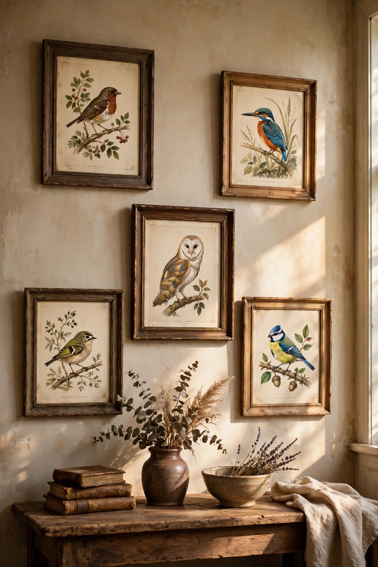 Vintage bird illustration book pages framed as antique prints, penny wall decor