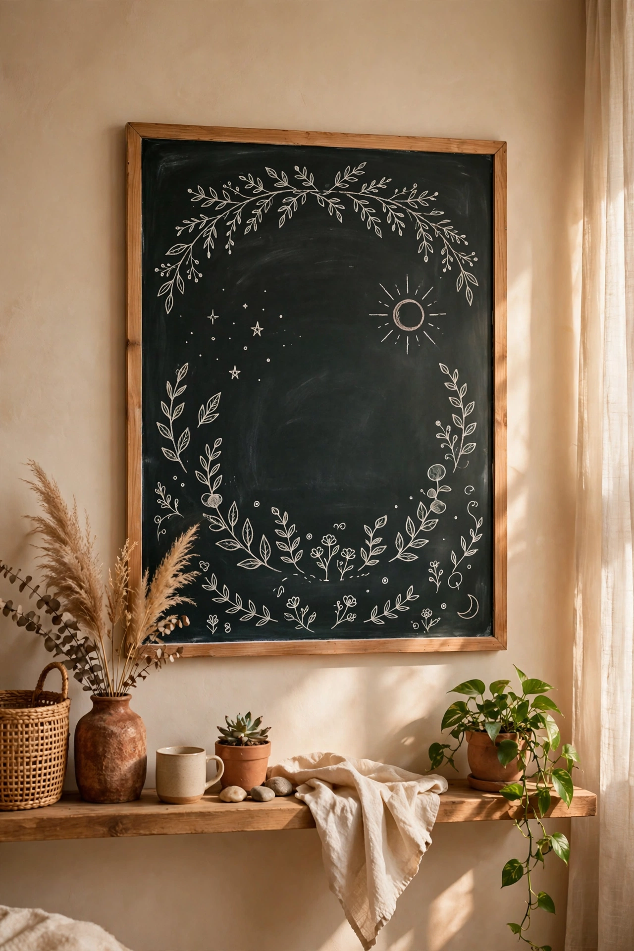 Chalkboard paint section with quote framed in wood trim, budget living room wall idea