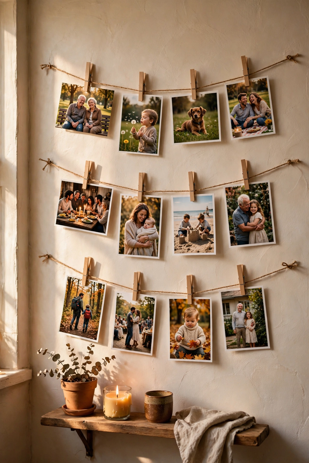 Twine photo strings with clothespinned snapshots on living room wall, cheap decor