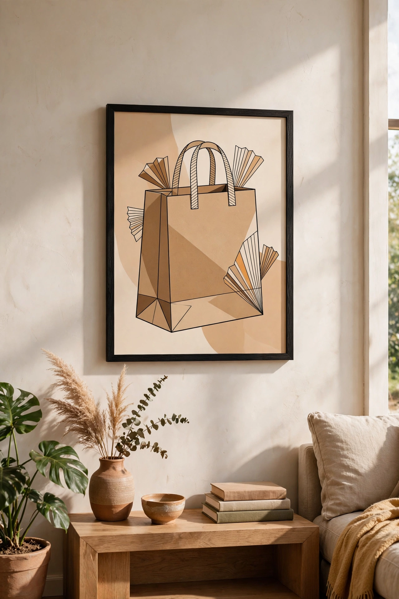 Illustrated shopping bag panel framed as graphic art, free living room wall decor