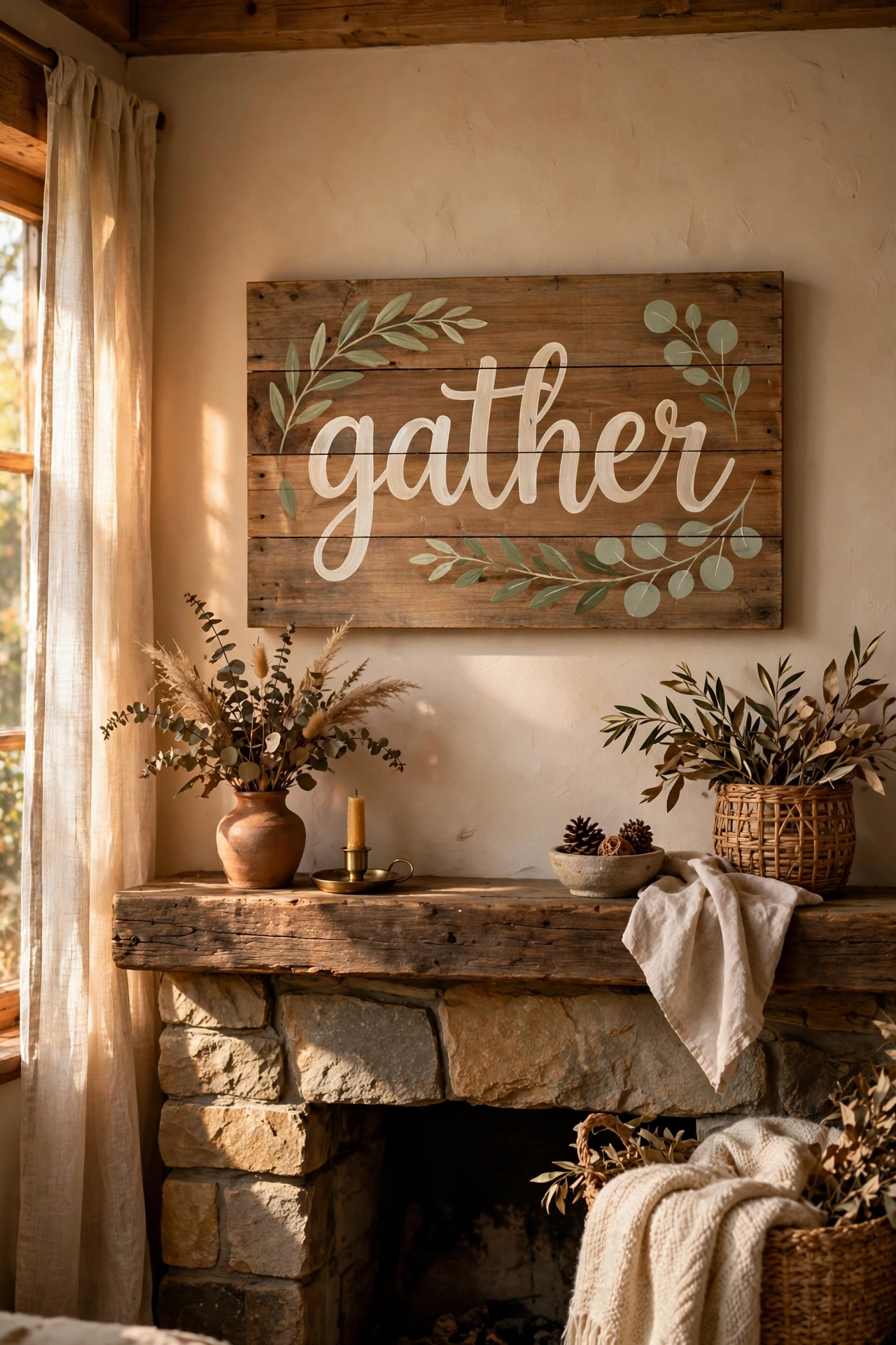Hand painted gather sign on scrap wood above mantel, cheap farmhouse wall decor