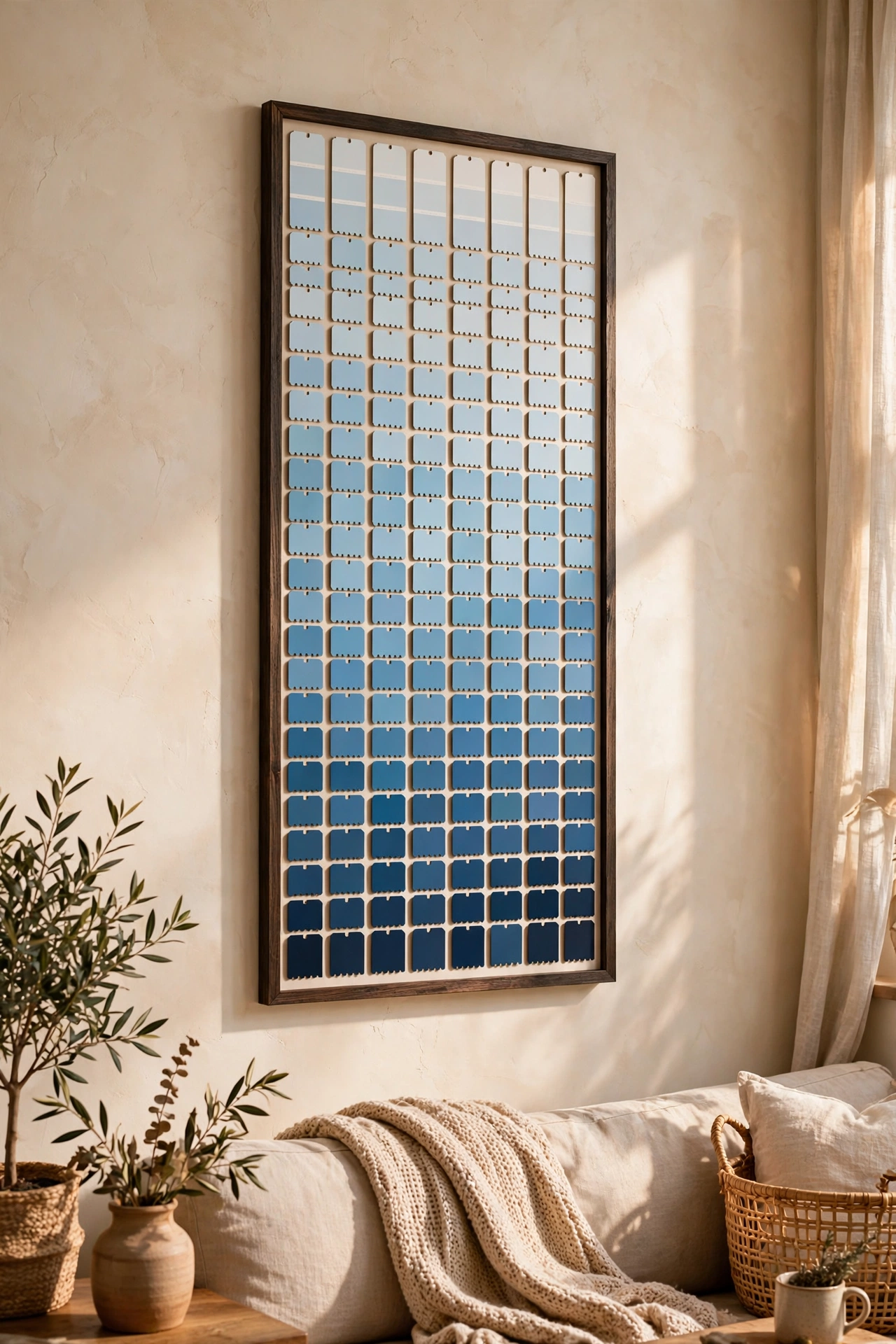 Paint sample strips arranged as ombre art in long frame, free wall decor idea