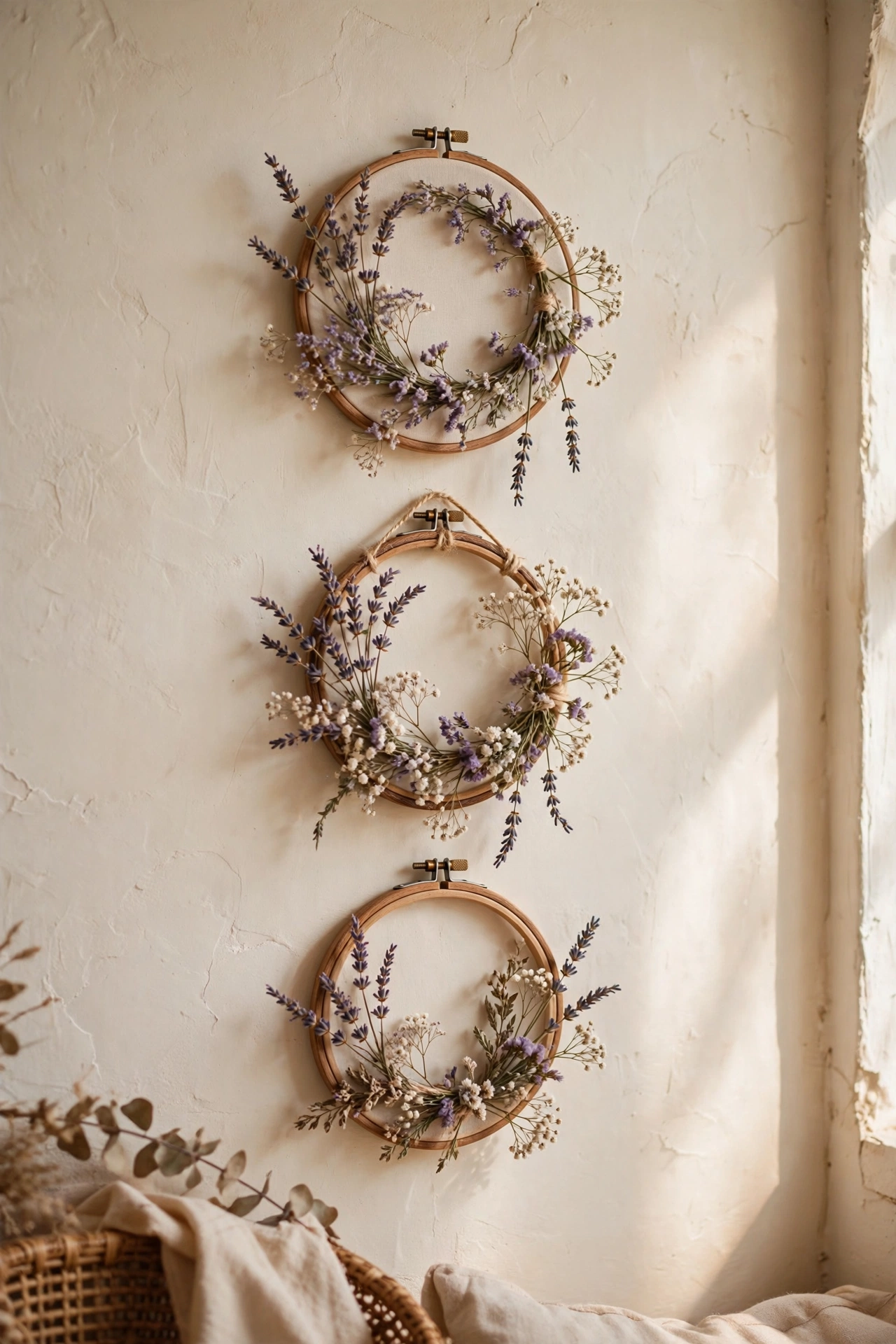 Dried lavender wired onto embroidery hoops as floral wall art, cheap living room decor