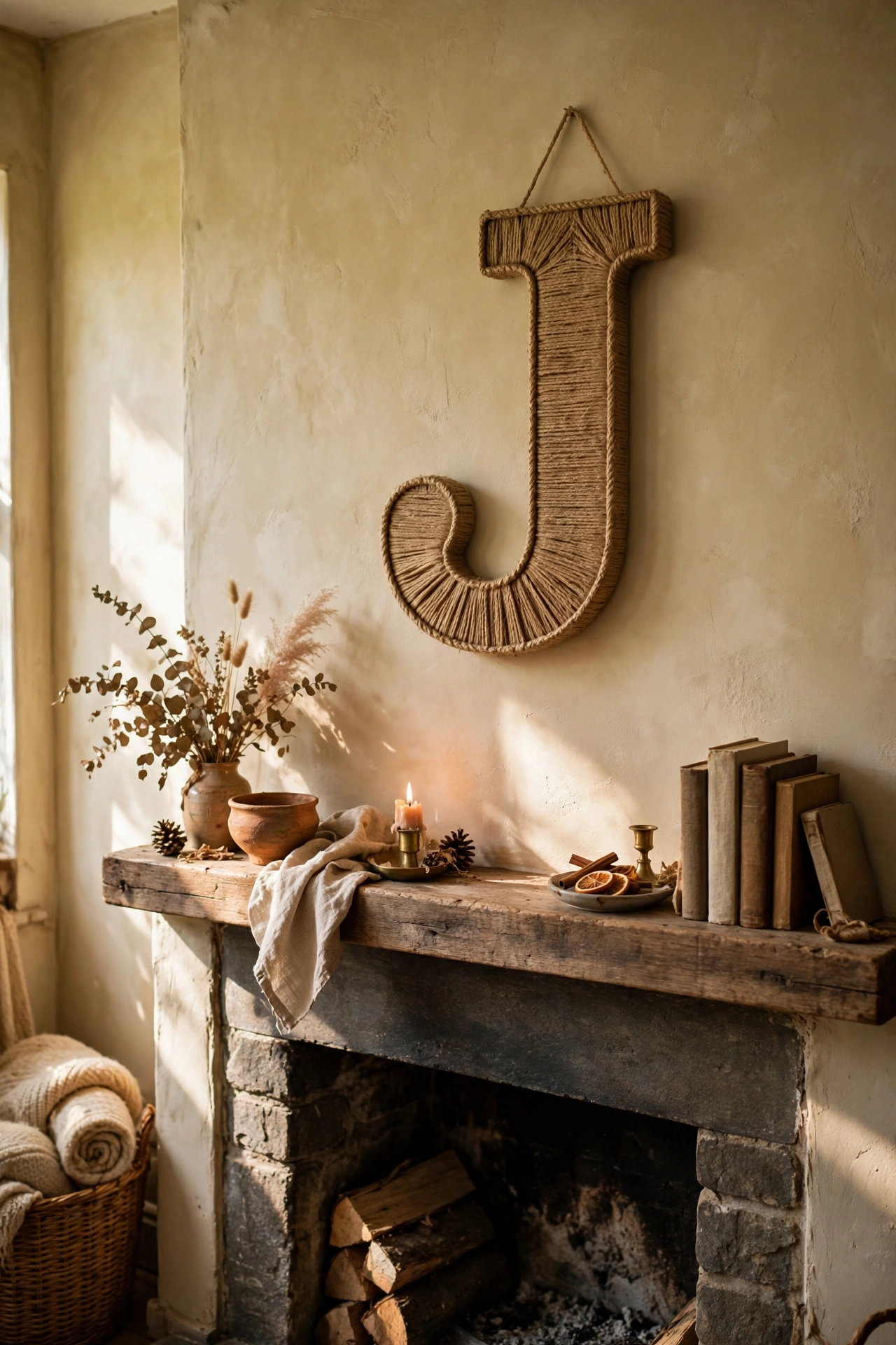 Jute wrapped cardboard letter hung off center above mantel, budget wall decor