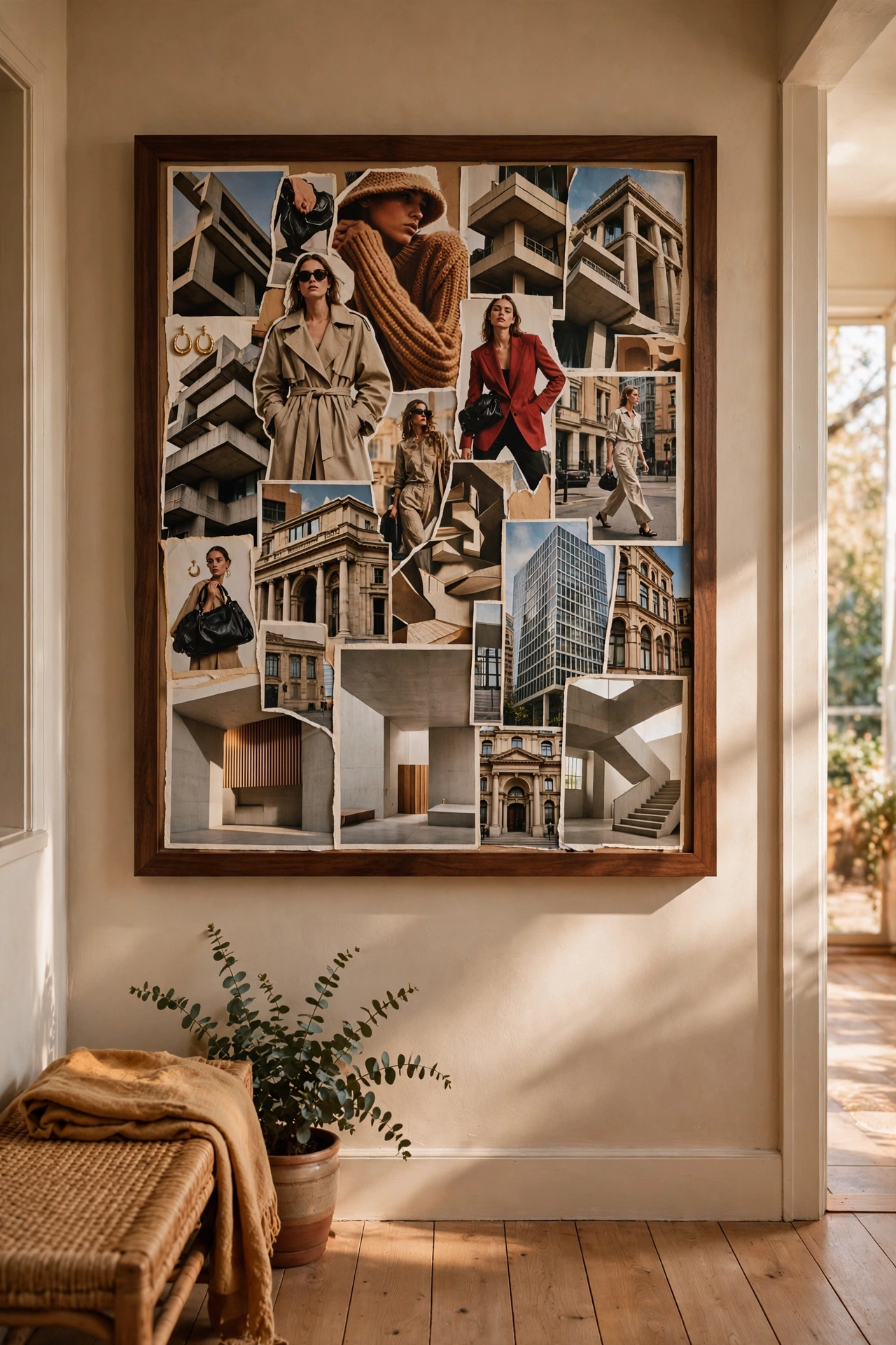 Framed magazine cutout collage in hallway, free living room wall art idea