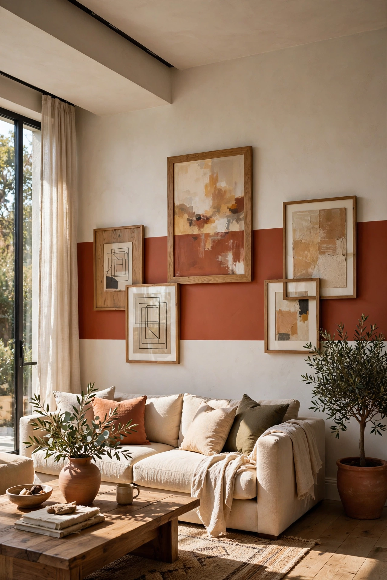 Wide terracotta painted stripe around living room wall with overlapping art, $5 decor