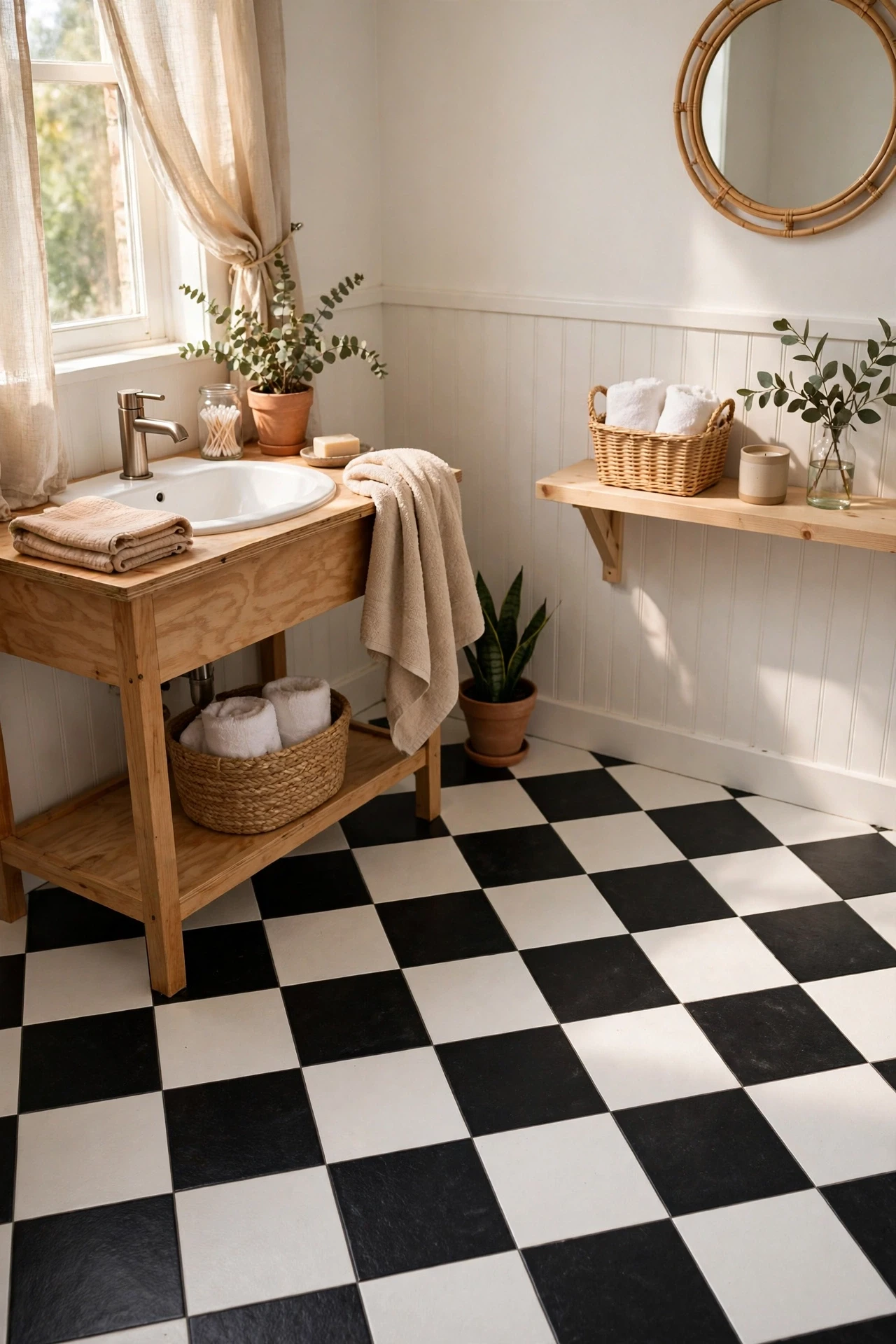 A checkerboard floor in black and white is the most timeless bathroom floor there is, and peel-and-stick versions make it affordable.