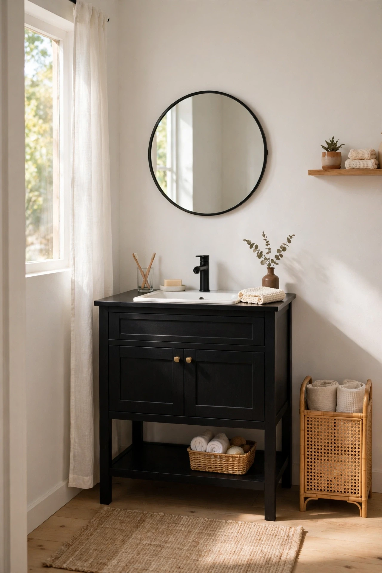 A black vanity against white walls gives the bathroom a strong anchor, so the rest of the room can stay simple and calm.