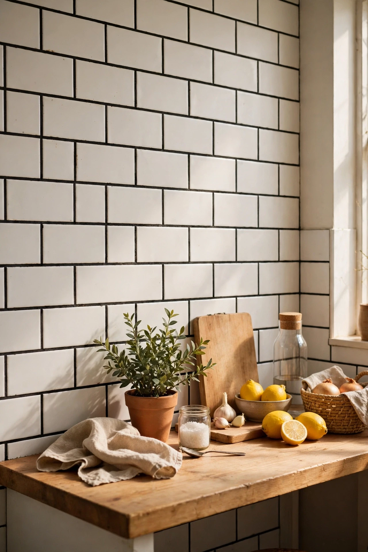 White subway tile with black grout looks graphic and modern, and the dark lines hide the grime that white grout shows.