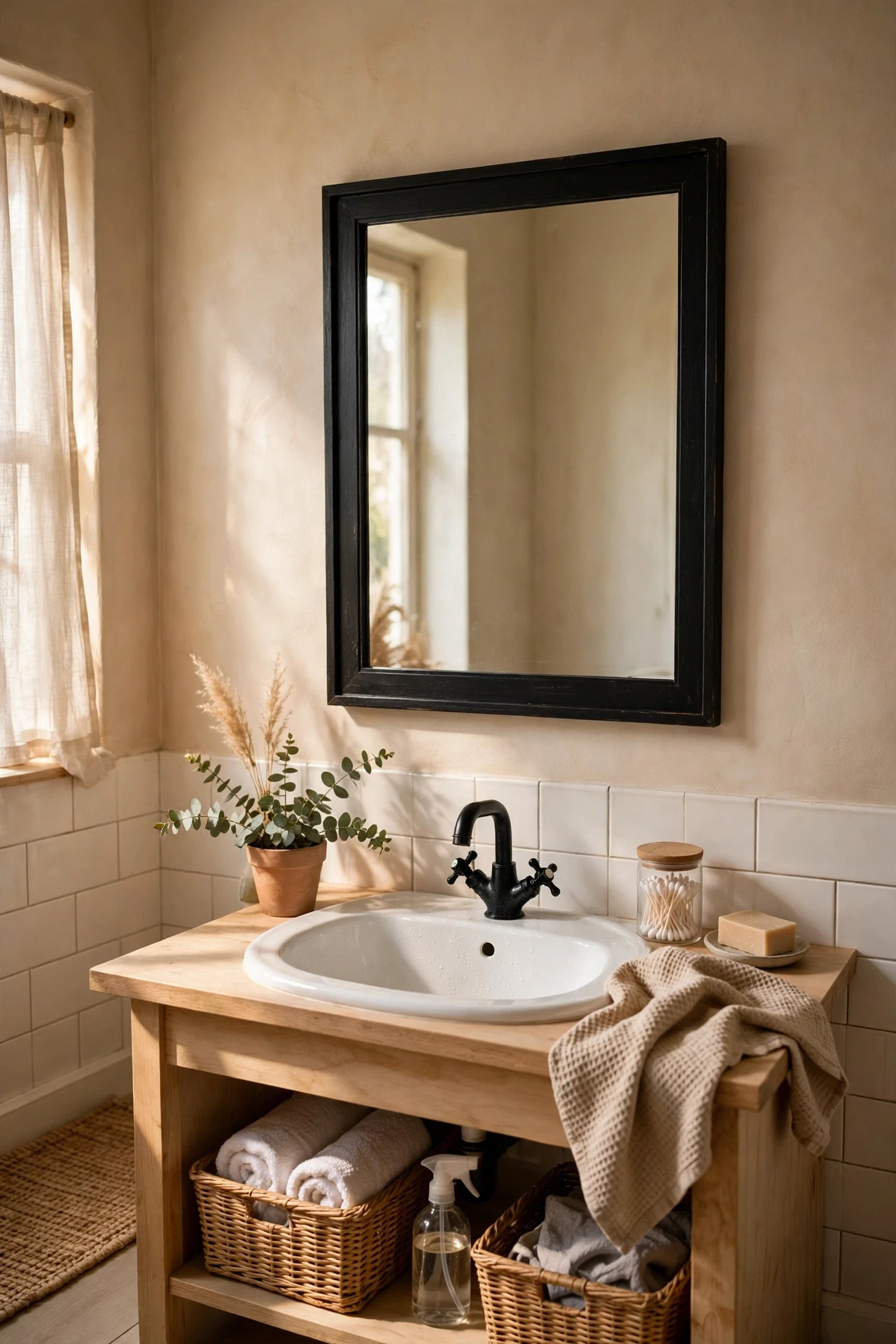A black mirror frame draws the eye and frames the sink area like art, turning the most-used spot in the room into a feature.