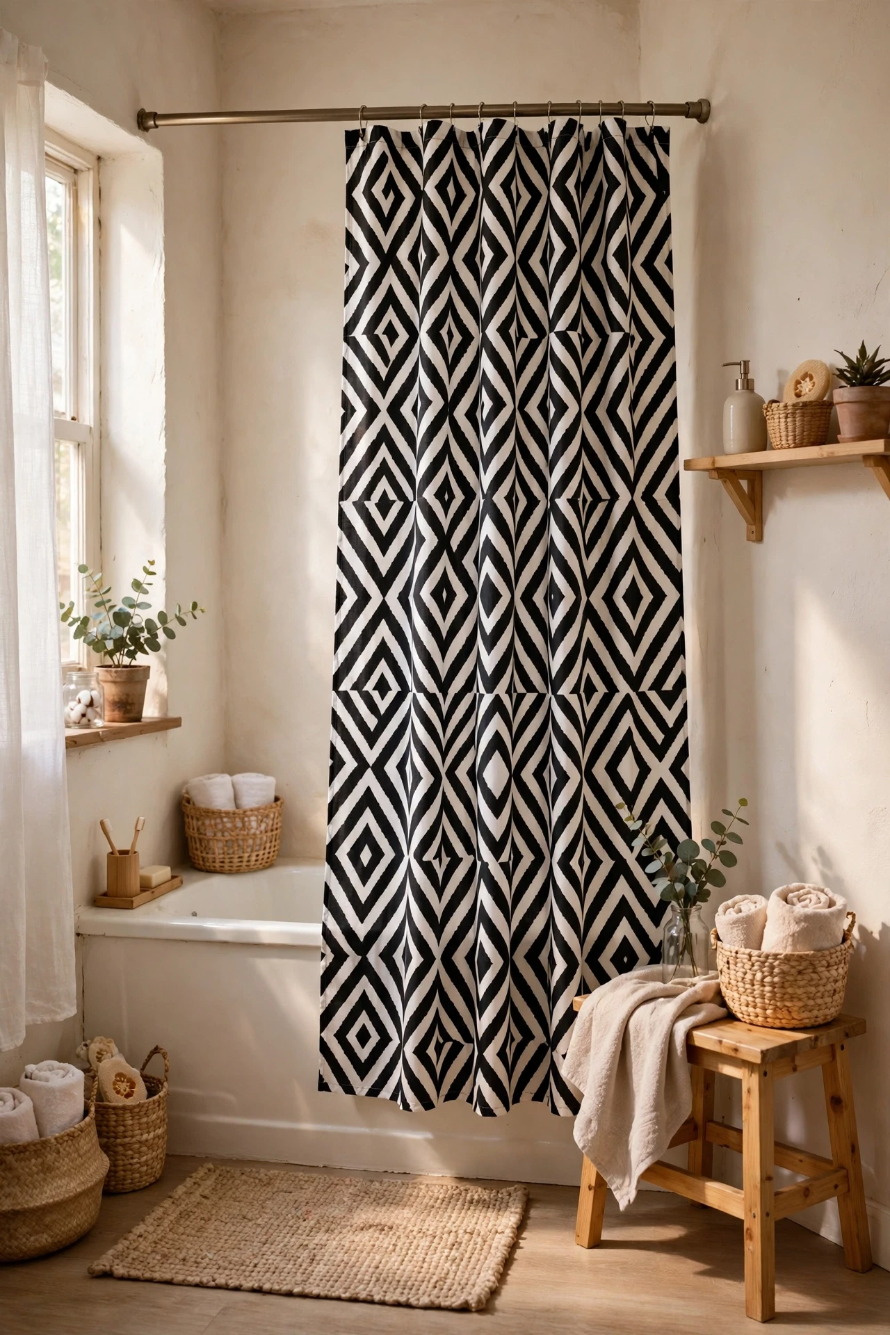 A patterned black and white shower curtain sets the whole scheme in one purchase, and it is easy to swap when you tire of it.