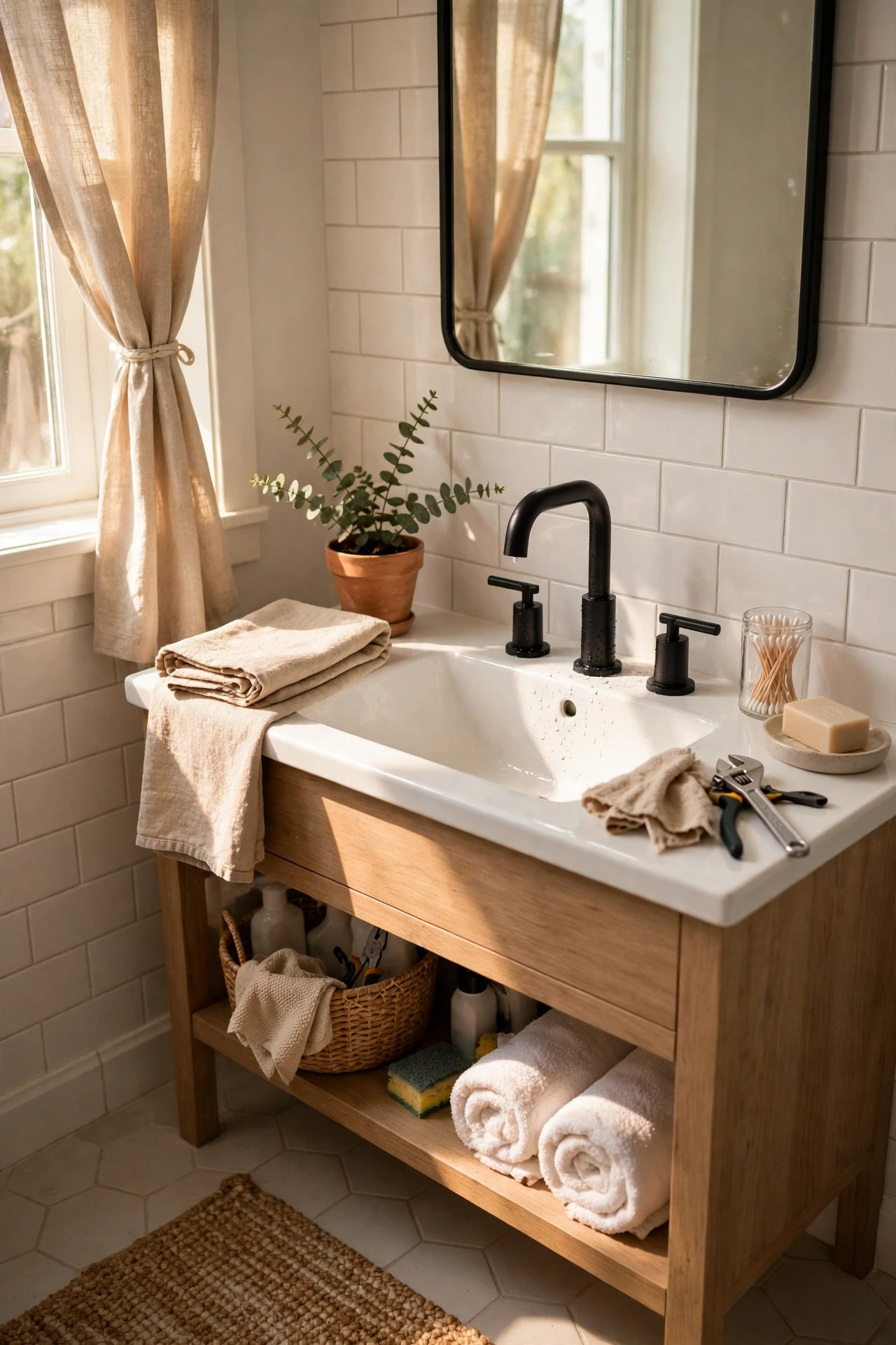 Swapping chrome taps and handles for matte black ones modernises a bathroom in an afternoon, with no plumbing skills needed.
