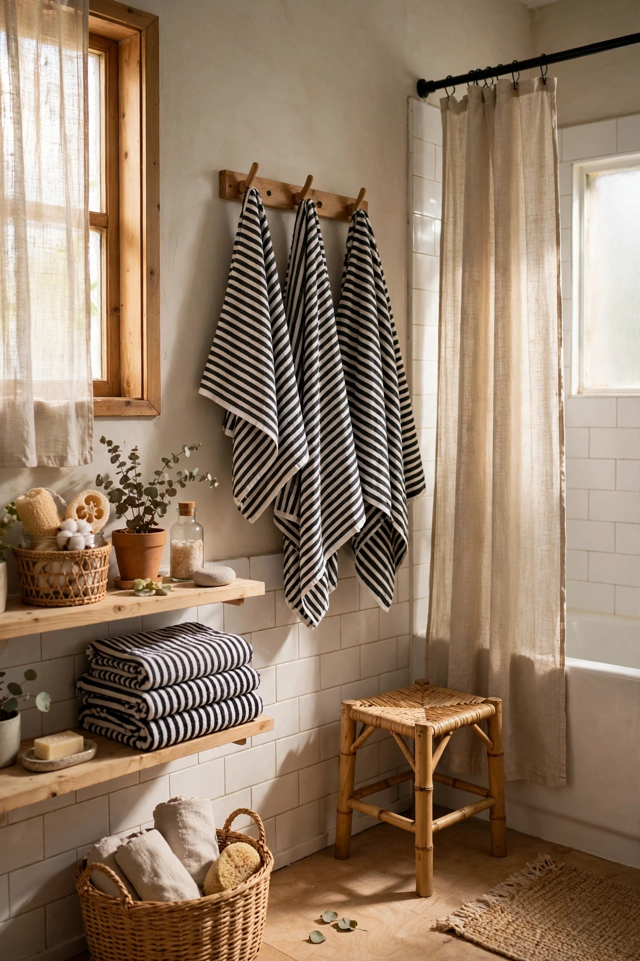 Striped towels in black and white add pattern without commitment, since towels are the easiest accent in the room to change.