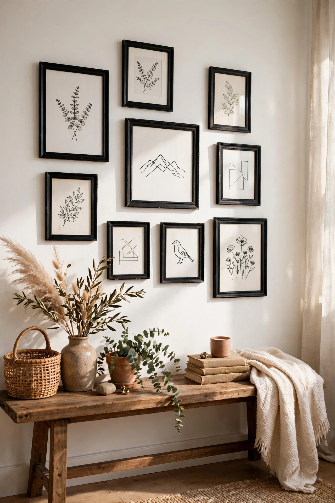 Simple black-framed prints on white walls add personality and polish, and thrifted frames keep the whole gallery wall cheap.