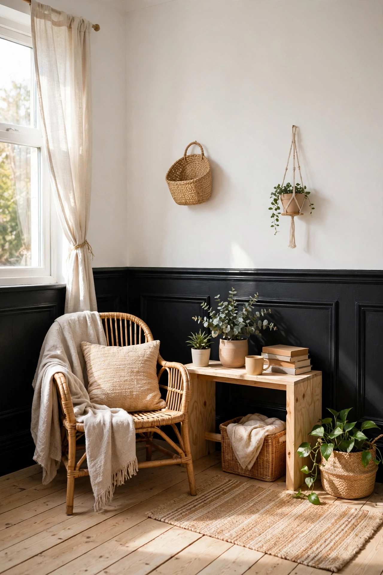 Black wainscoting below white walls gives structure and drama, while the white above keeps the room feeling bright and open.