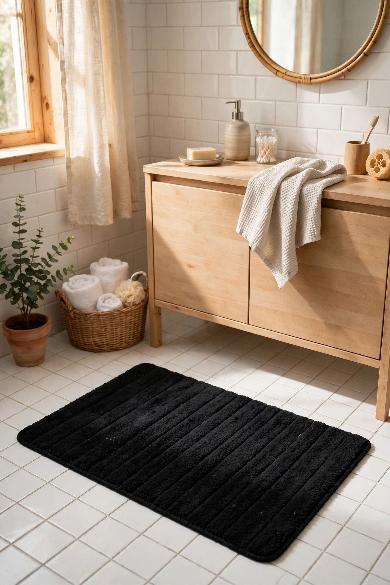 A black bath mat on white tile grounds the room with one bold rectangle, and it hides the marks white mats show within days.