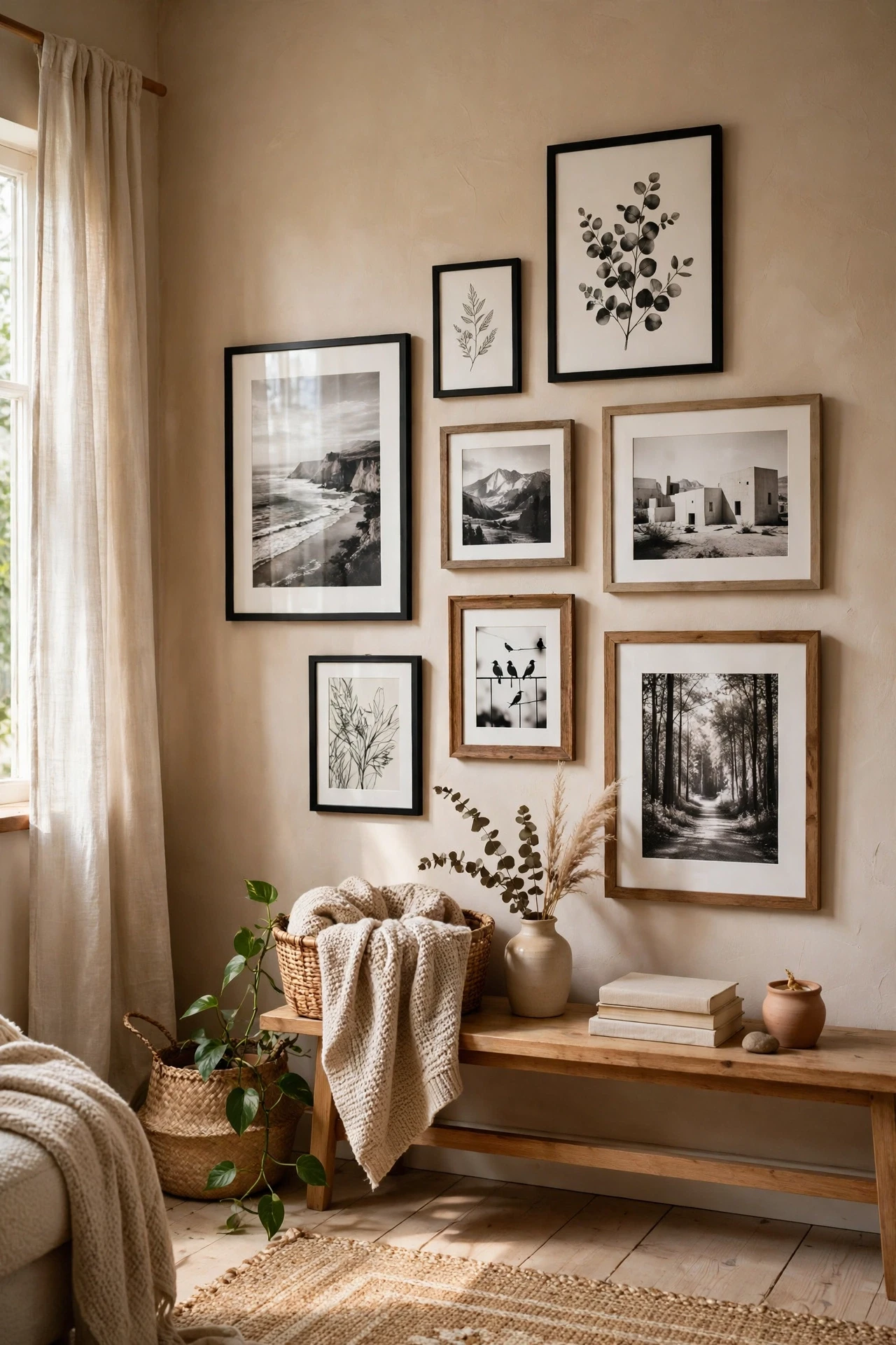 A gallery wall of black and white prints feels curated and calm, and mixing frame sizes keeps it from looking like a shop display.