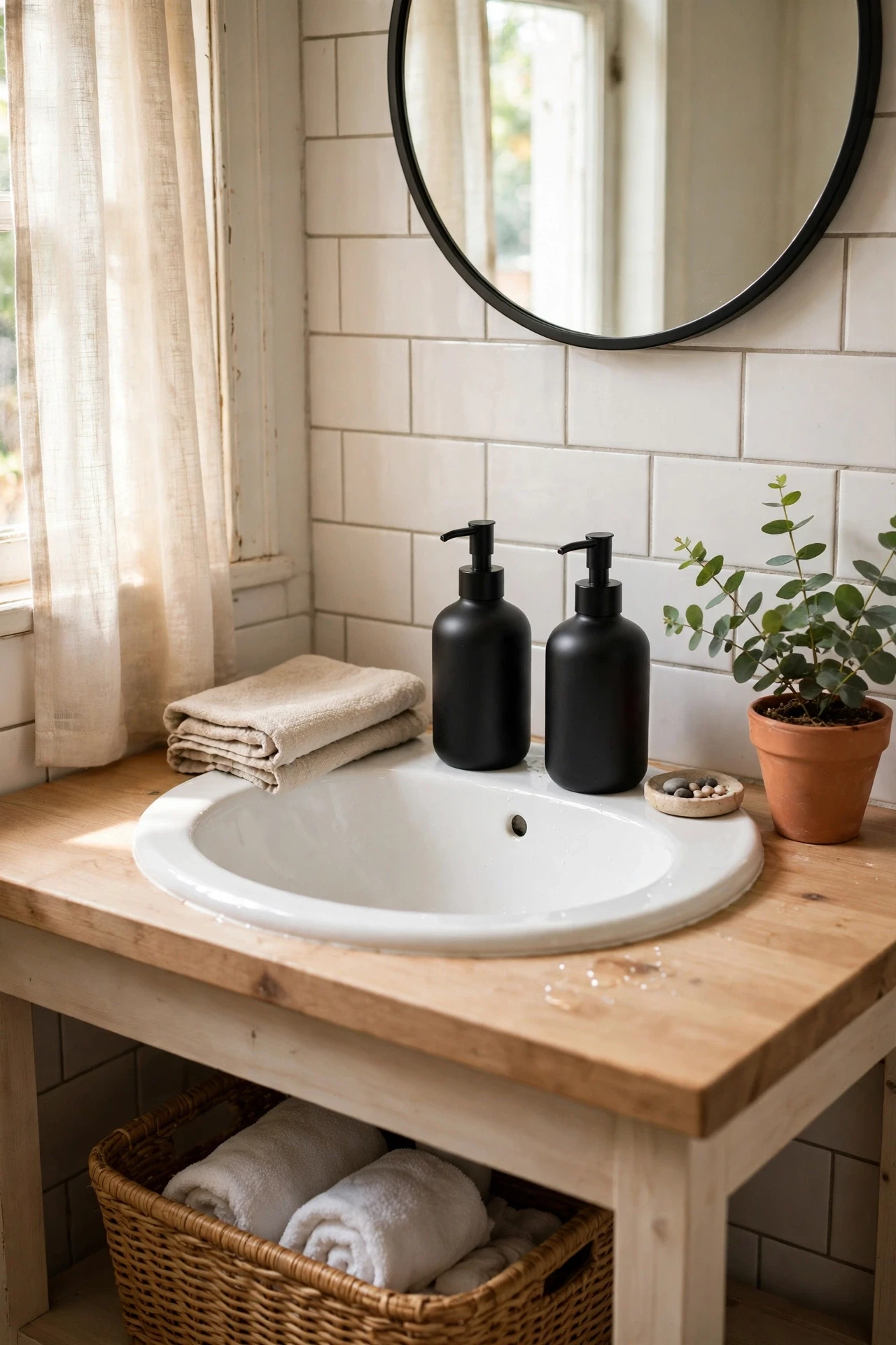 Black soap dispensers replace mismatched branded bottles and give the sink the tidy look of a boutique hotel bathroom.