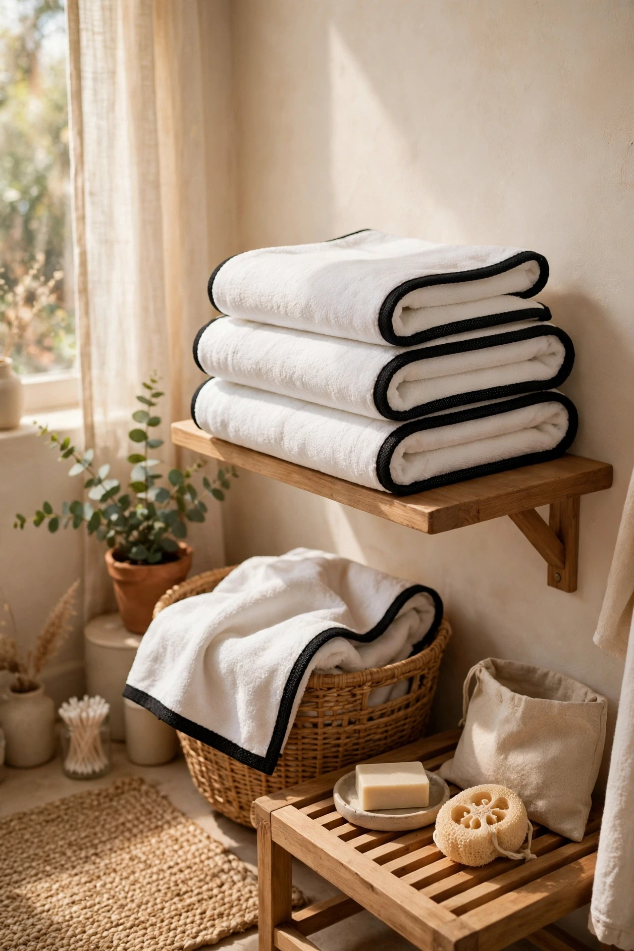 White towels edged in black look crisp and intentional, and they stay looking smart far longer than plain white ones.