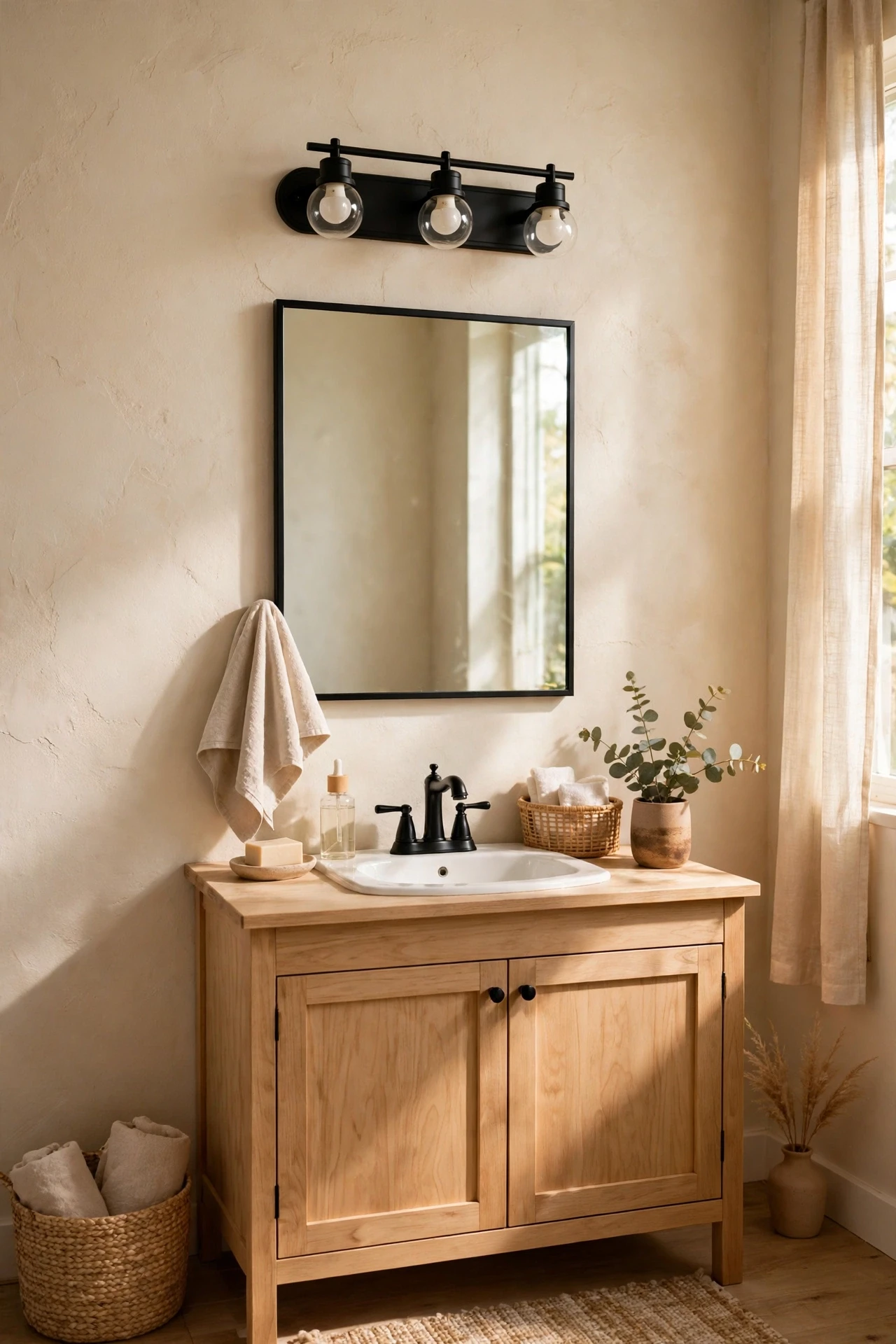 A black light fixture over the mirror adds a modern focal point and flatters both the mirror frame and the hardware below.