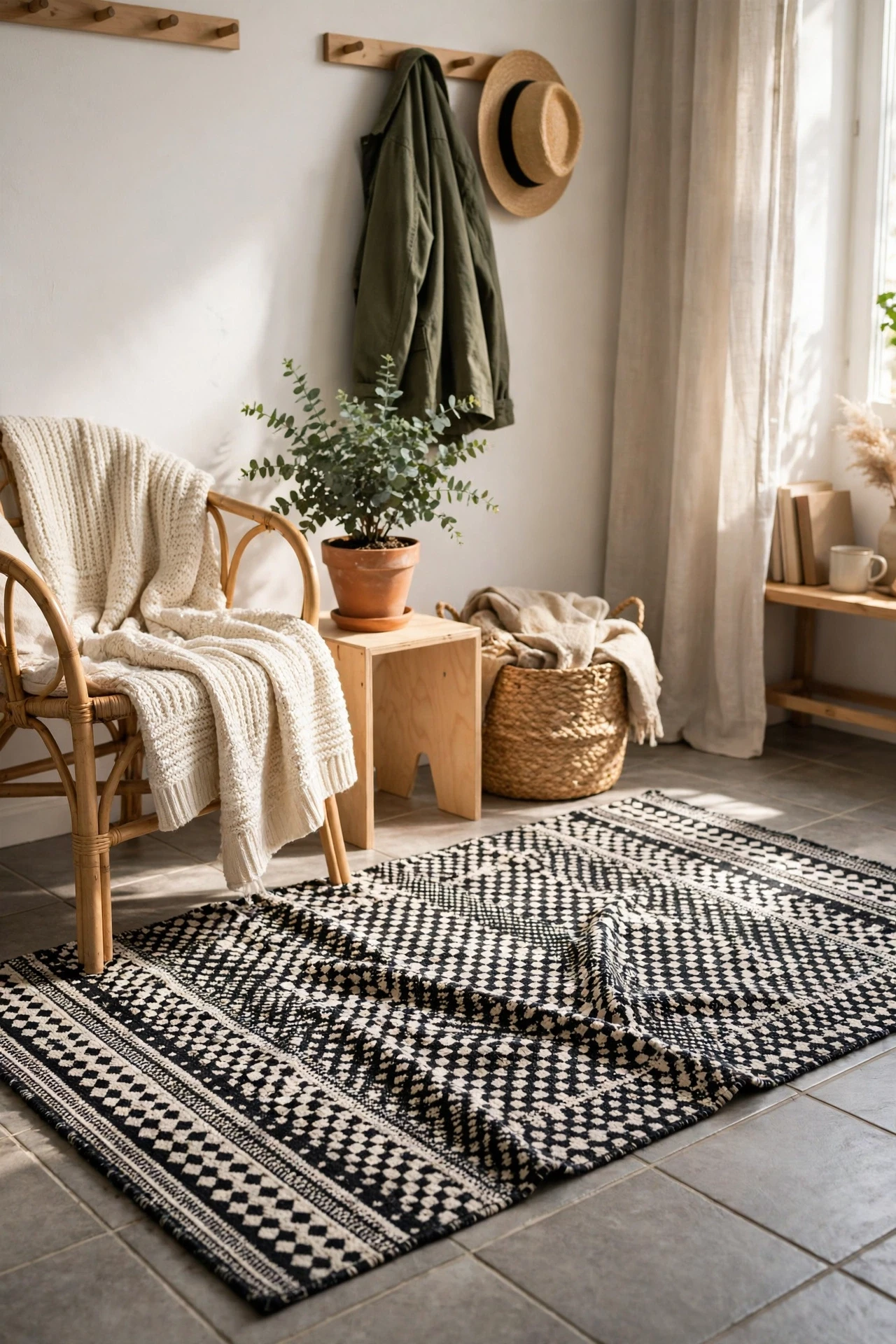 A patterned rug in black and white softens hard tile underfoot and lets you change the room's pattern without touching the floor.