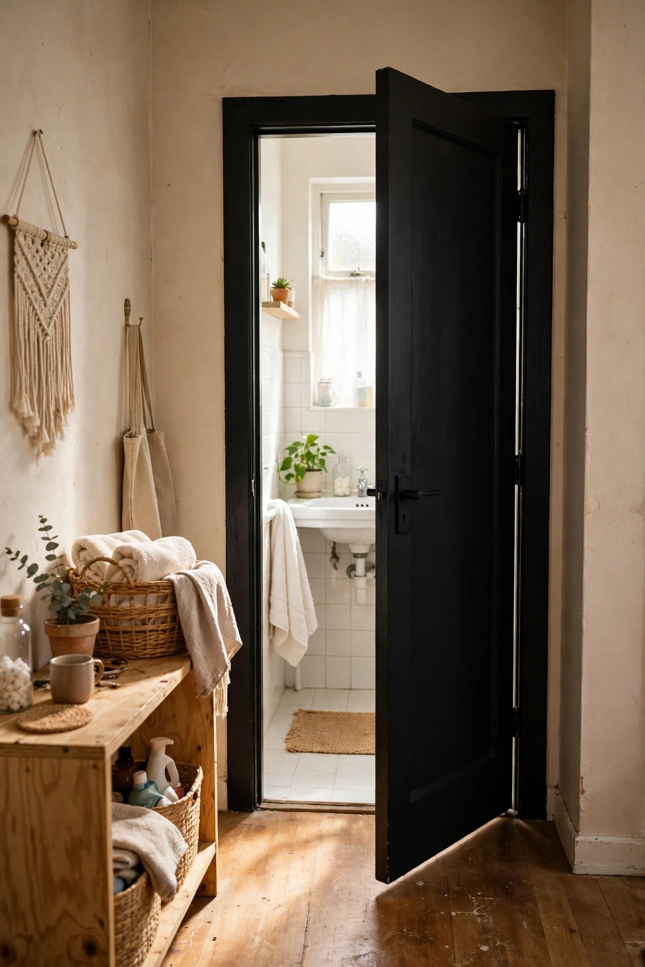 Painting the bathroom door black is a bold, cheap move that frames the whole room every time someone walks in.