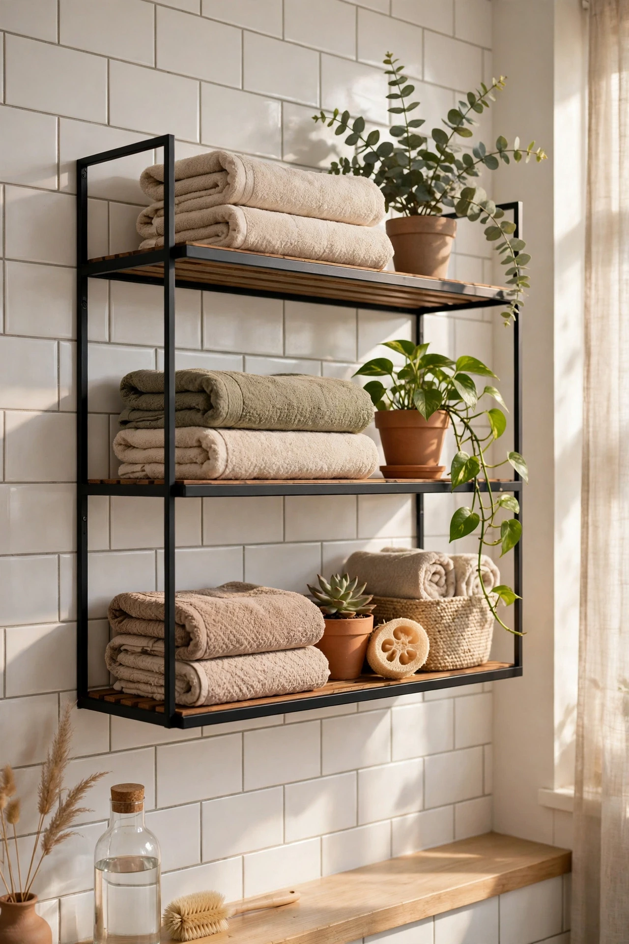 Black shelves mounted on white tile display towels and plants with striking contrast, and they make plain items look styled.