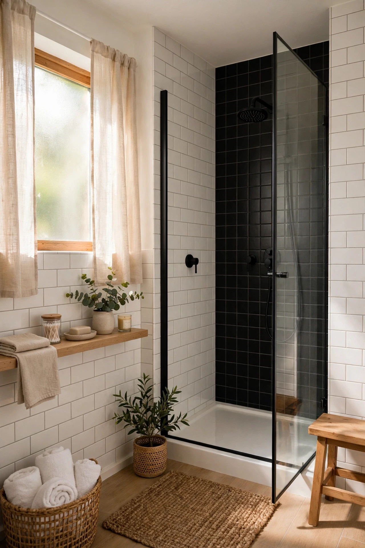 Two-tone shower tiles, black on one wall and white on the rest, create a feature wall without the cost of a full retile.