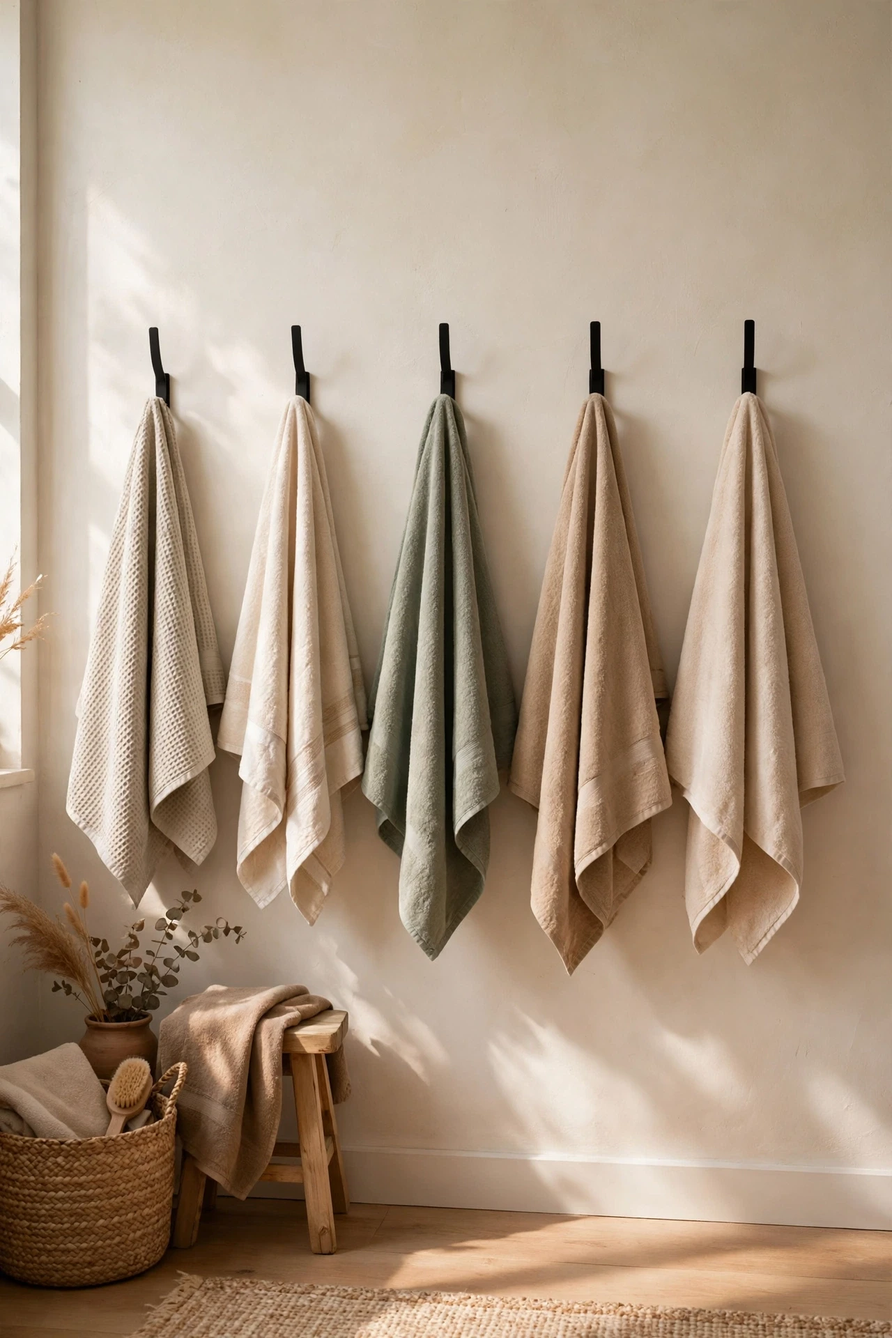 A row of black towel hooks keeps towels off the floor and adds a neat, graphic line along an otherwise plain wall.
