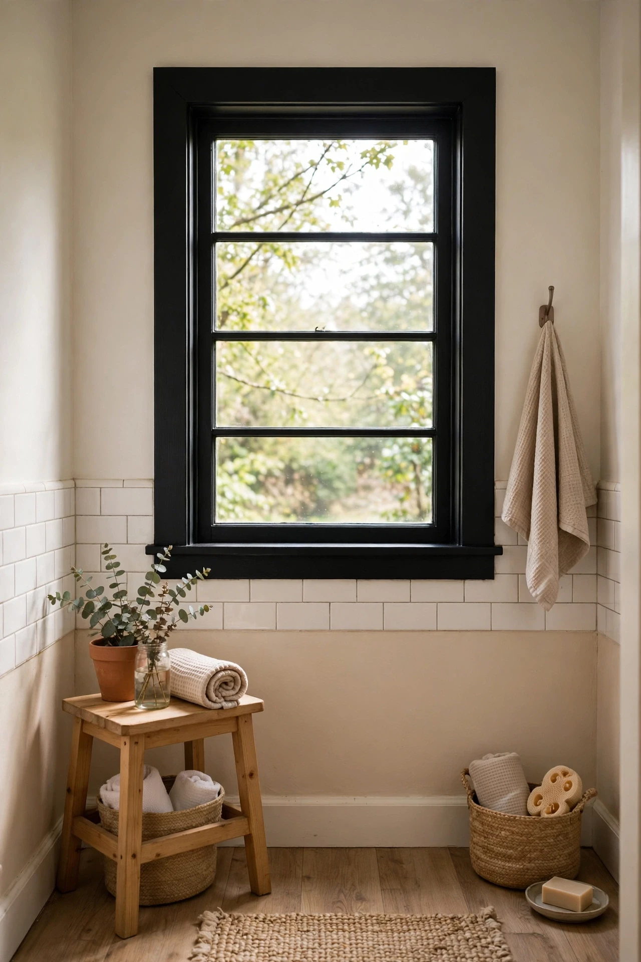 Painting window trim black frames the daylight itself, giving a plain bathroom window the look of a designed feature.